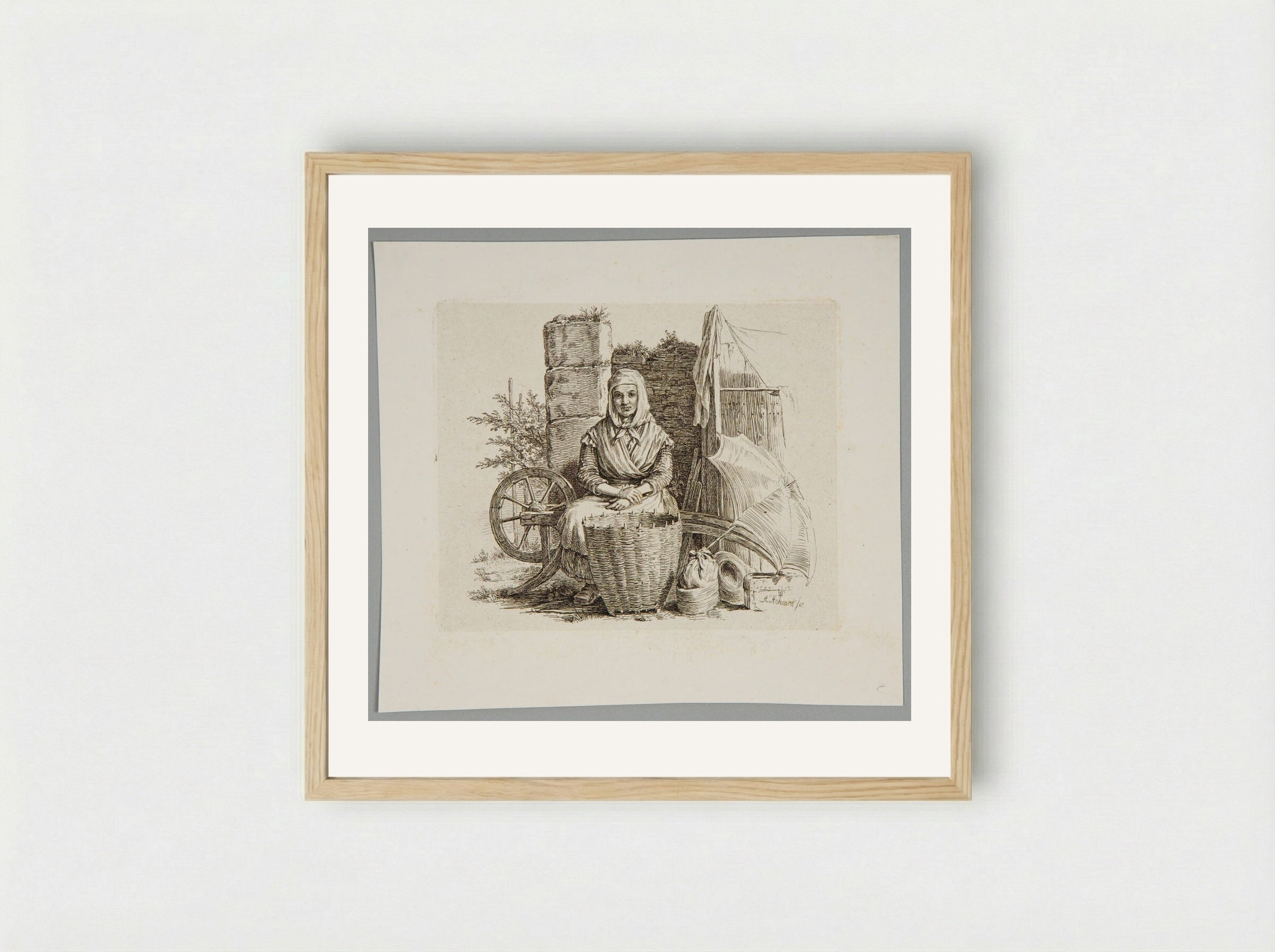 Old Woman Seated, with a Basket - Adolf Hohneck - Framed Print Wood
