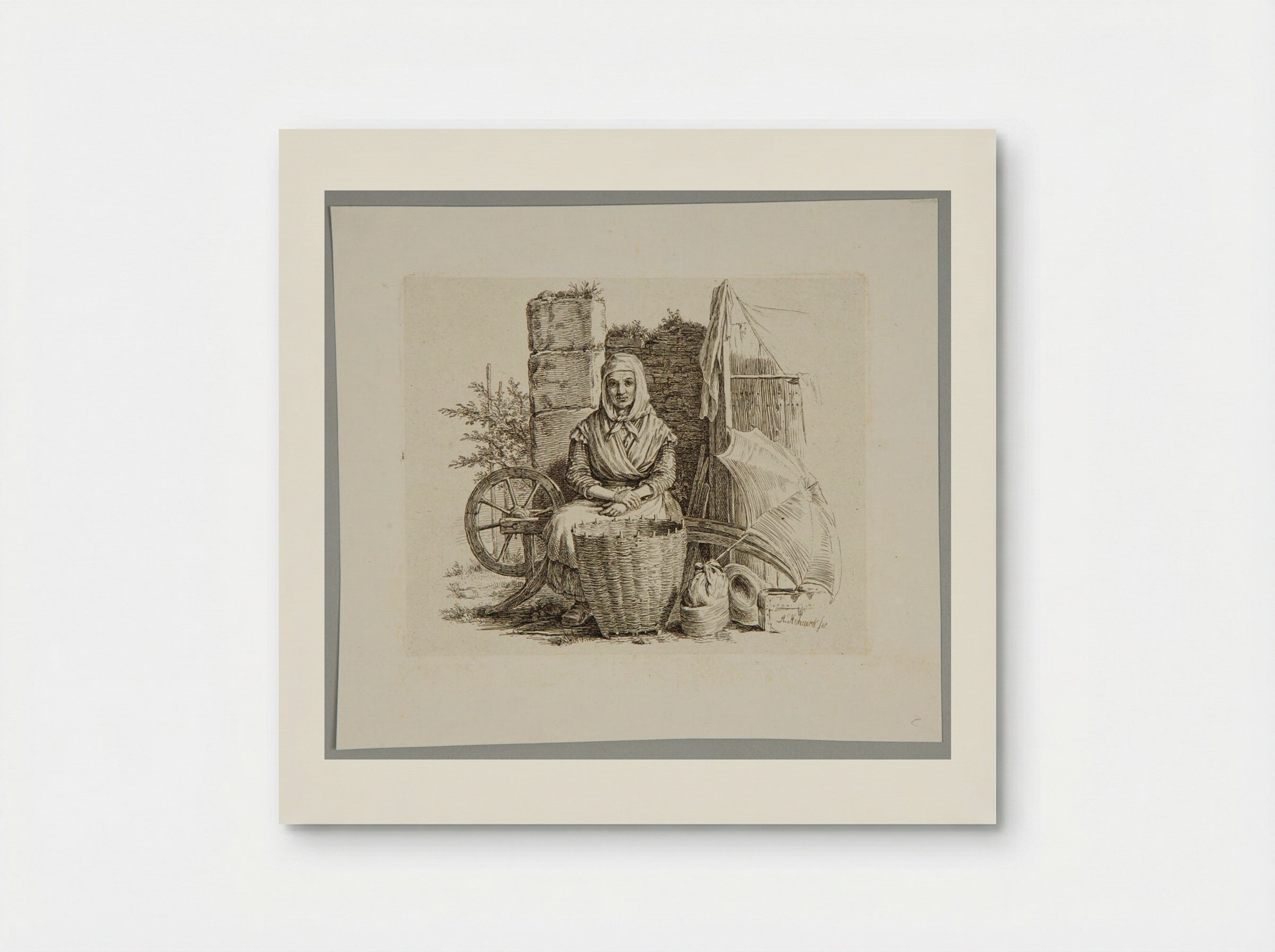 Old Woman Seated, with a Basket - Adolf Hohneck - Poster