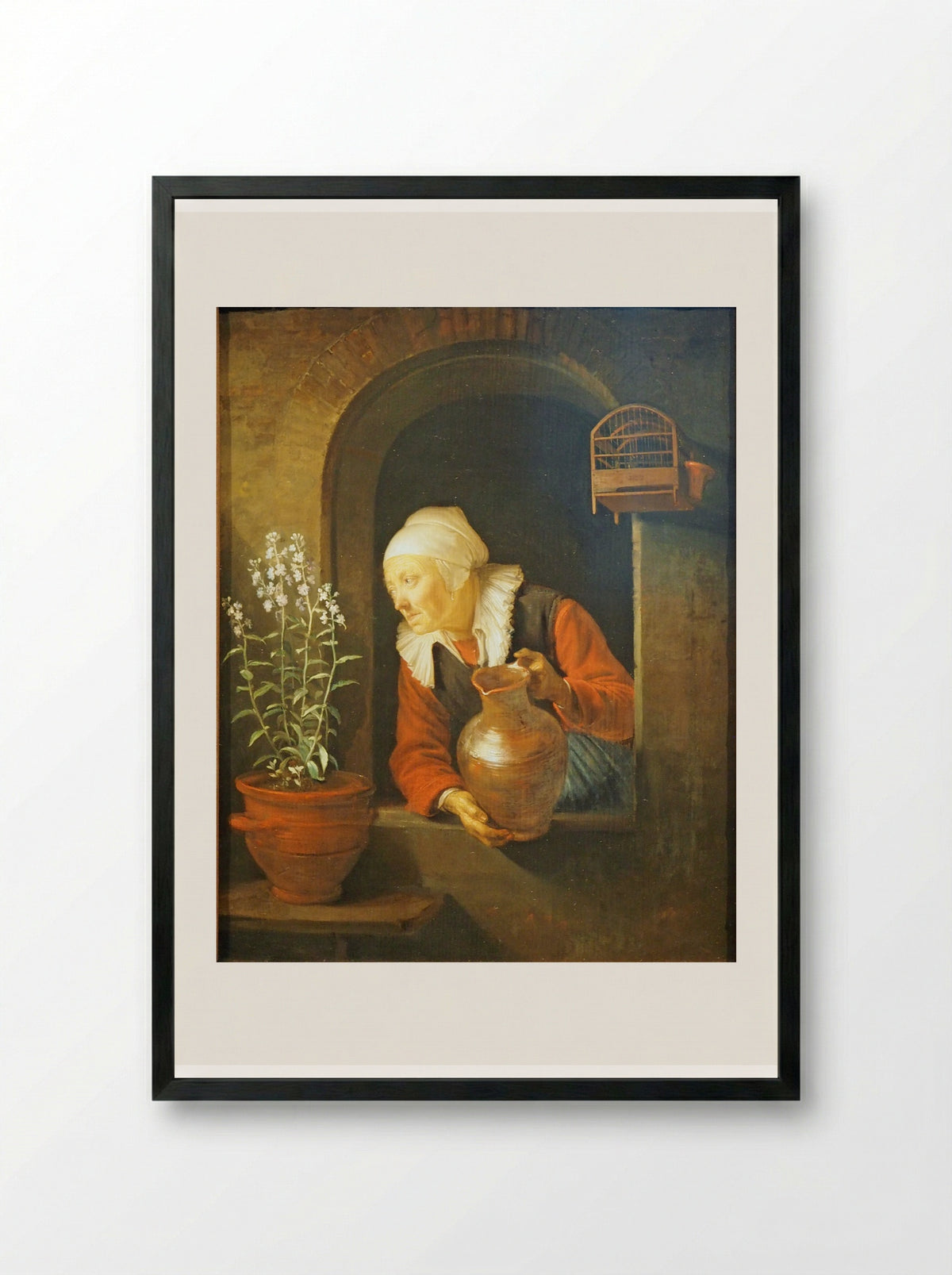 Old Woman Watering Flowers - Gerrit Dou - Framed Print Black