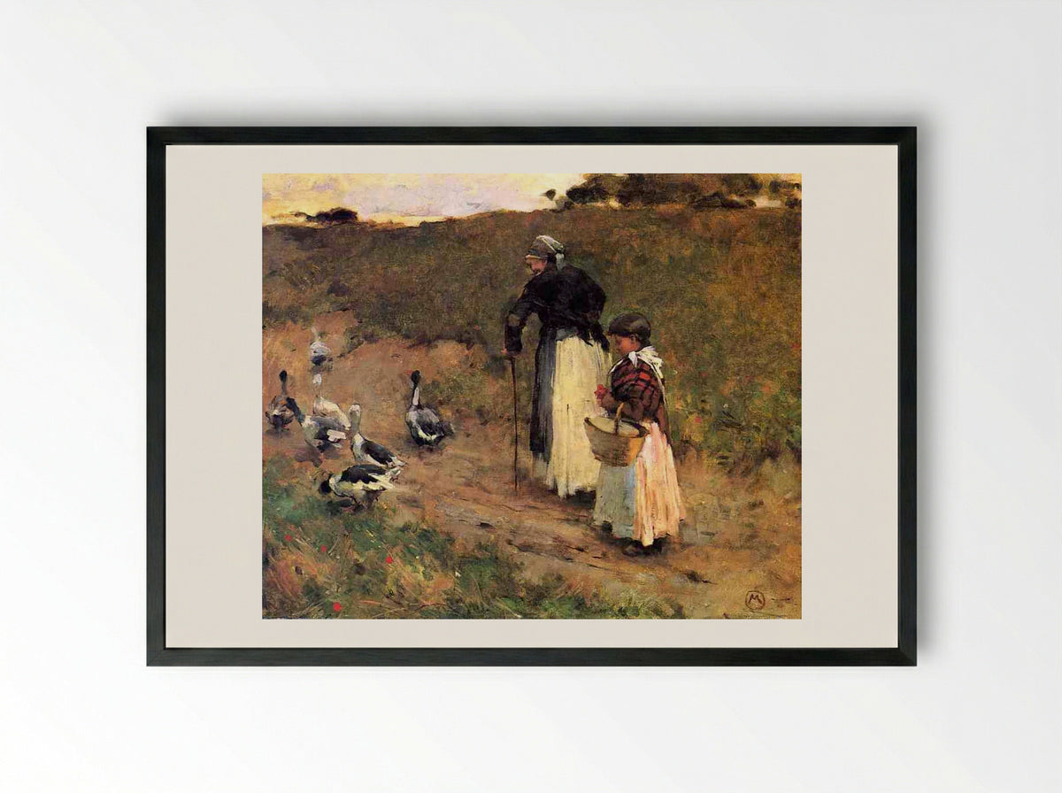Old Woman with Child and Goose - Willard Metcalf - Framed Print Black