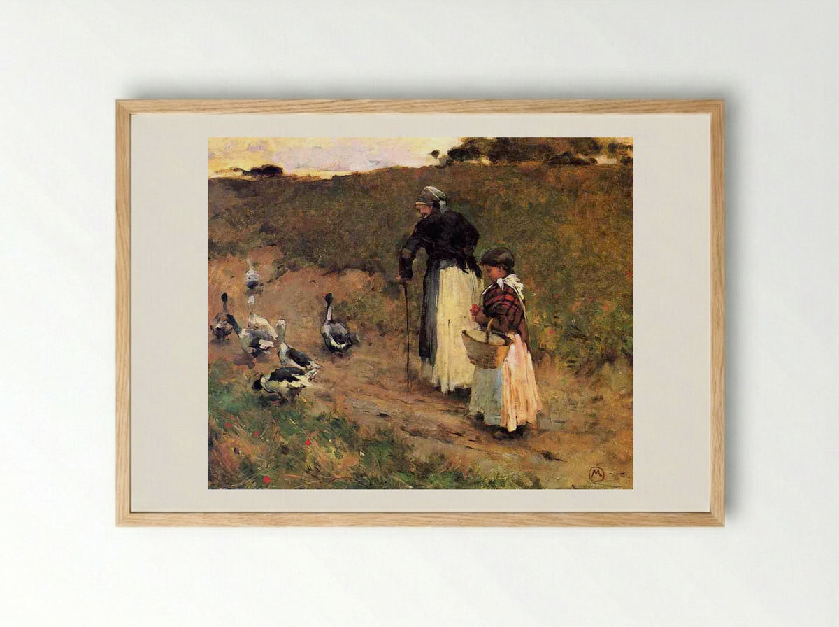 Old Woman with Child and Goose - Willard Metcalf - Framed Print Wood