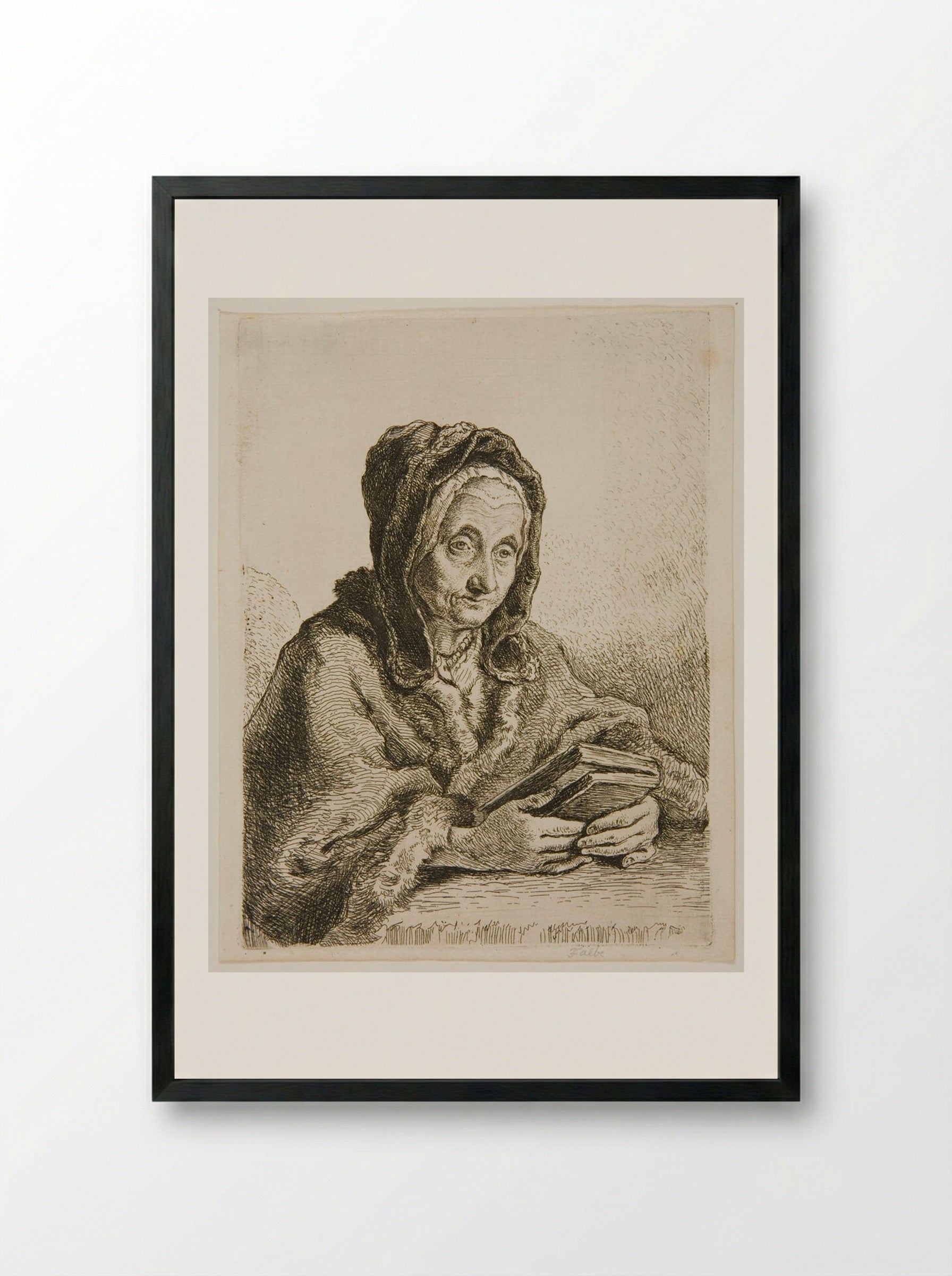 Old Woman with a Prayer Book - Joachim Martin Falbe - Framed Print Black