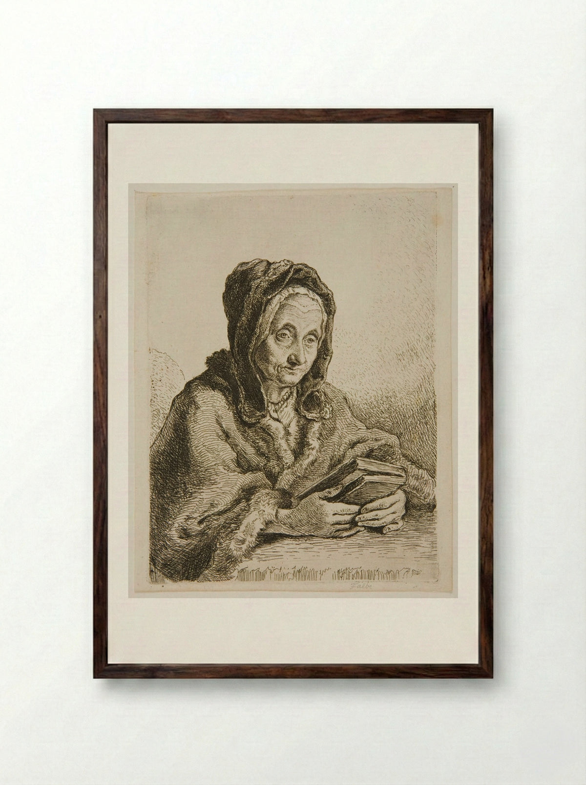 Old Woman with a Prayer Book - Joachim Martin Falbe - Framed Print Dark Wood