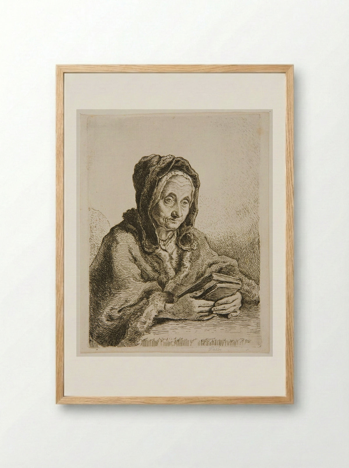 Old Woman with a Prayer Book - Joachim Martin Falbe - Framed Print Wood