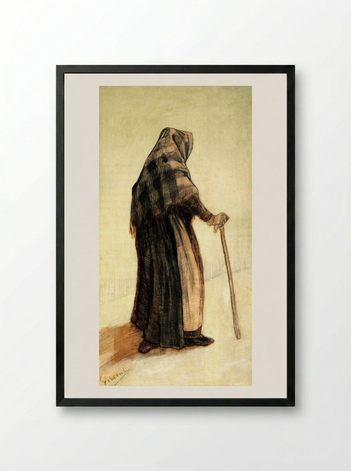 Old Woman with a Shawl and a Walking-Stick - Vincent van Gogh - Framed Print Black
