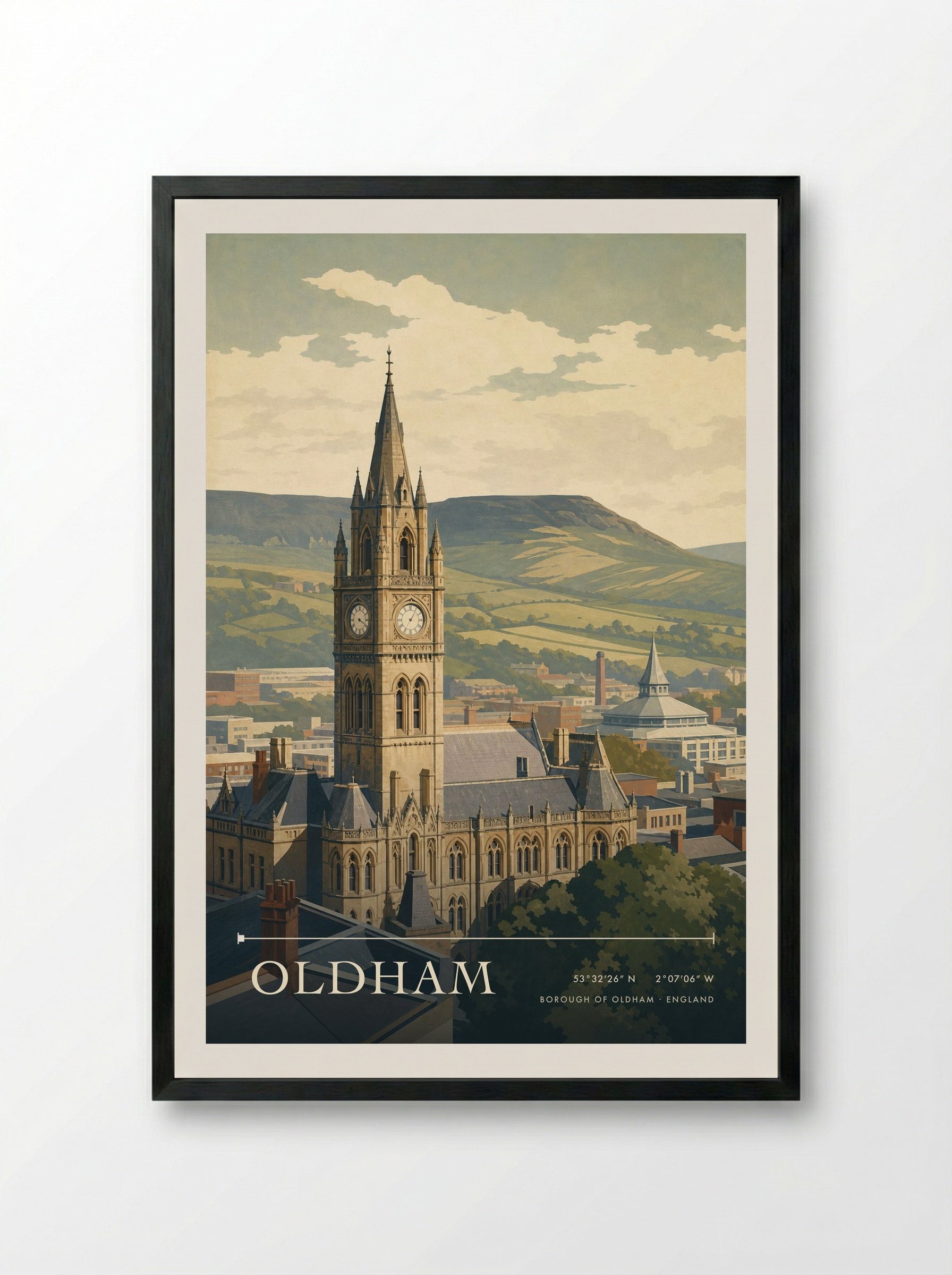 Oldham Borough of Oldham England Travel Poster - Framed Print Black