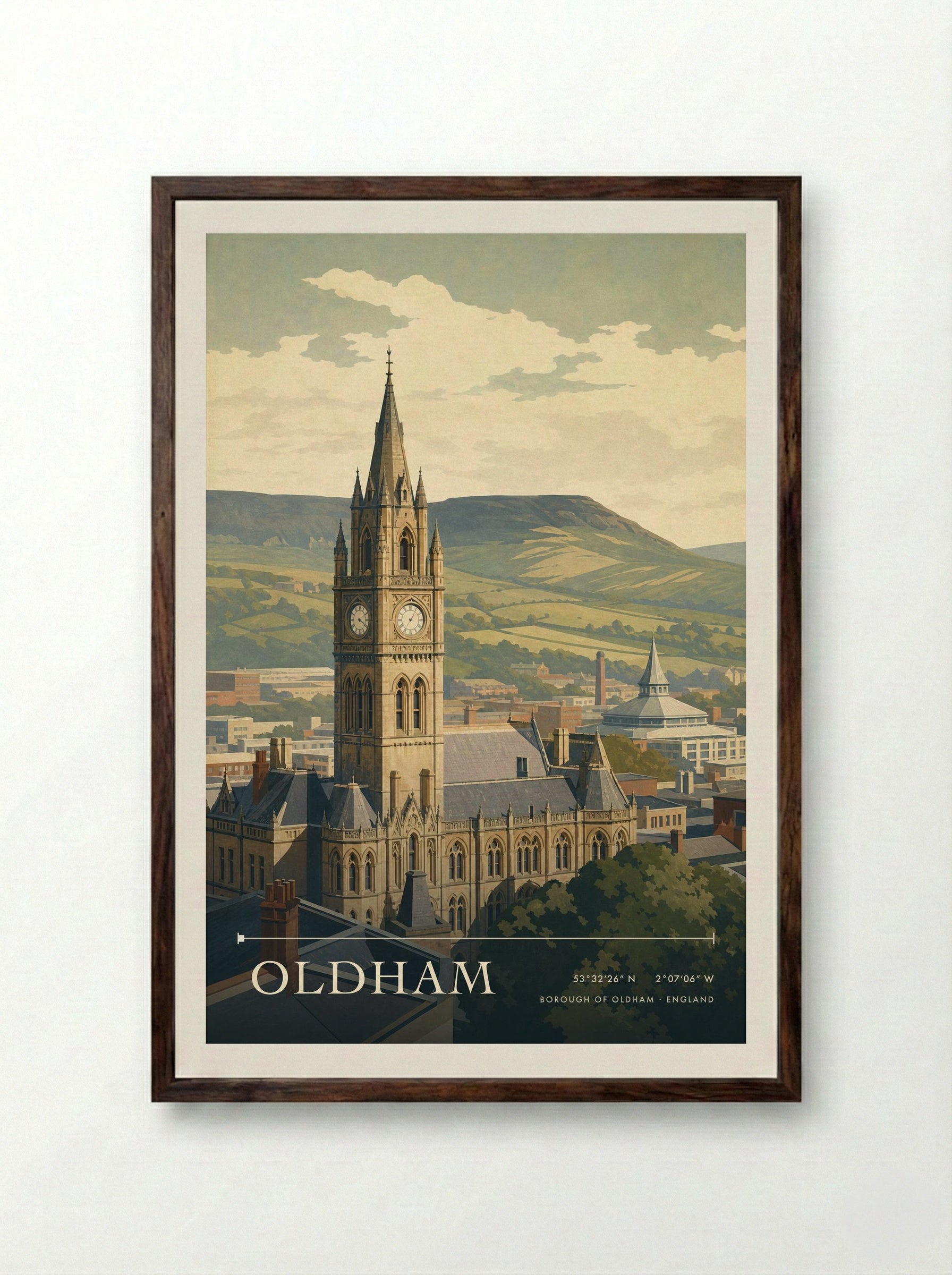 Oldham Borough of Oldham England Travel Poster - Framed Print Dark Wood