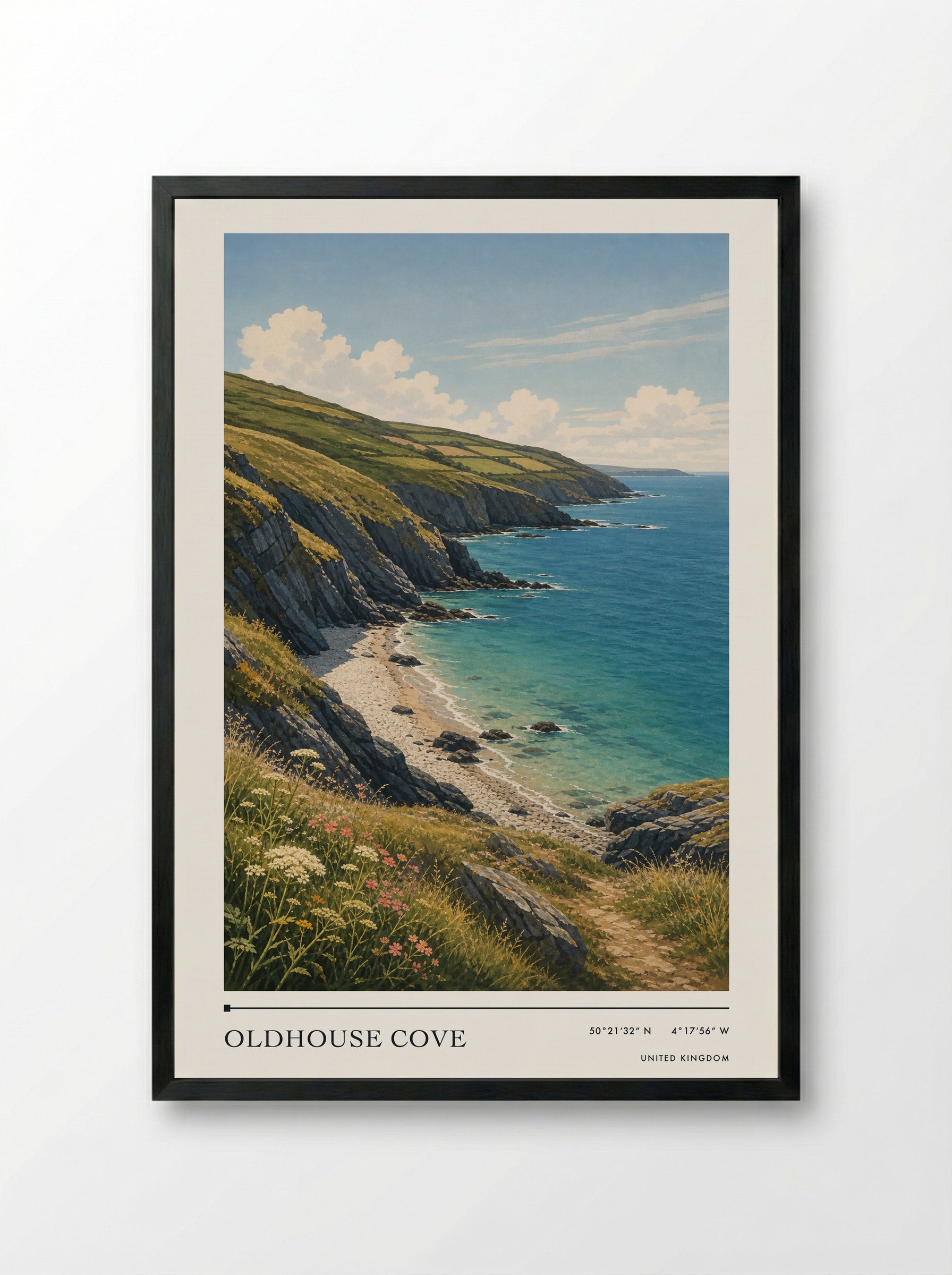 Oldhouse Cove United Kingdom Travel Poster - Framed Print Black