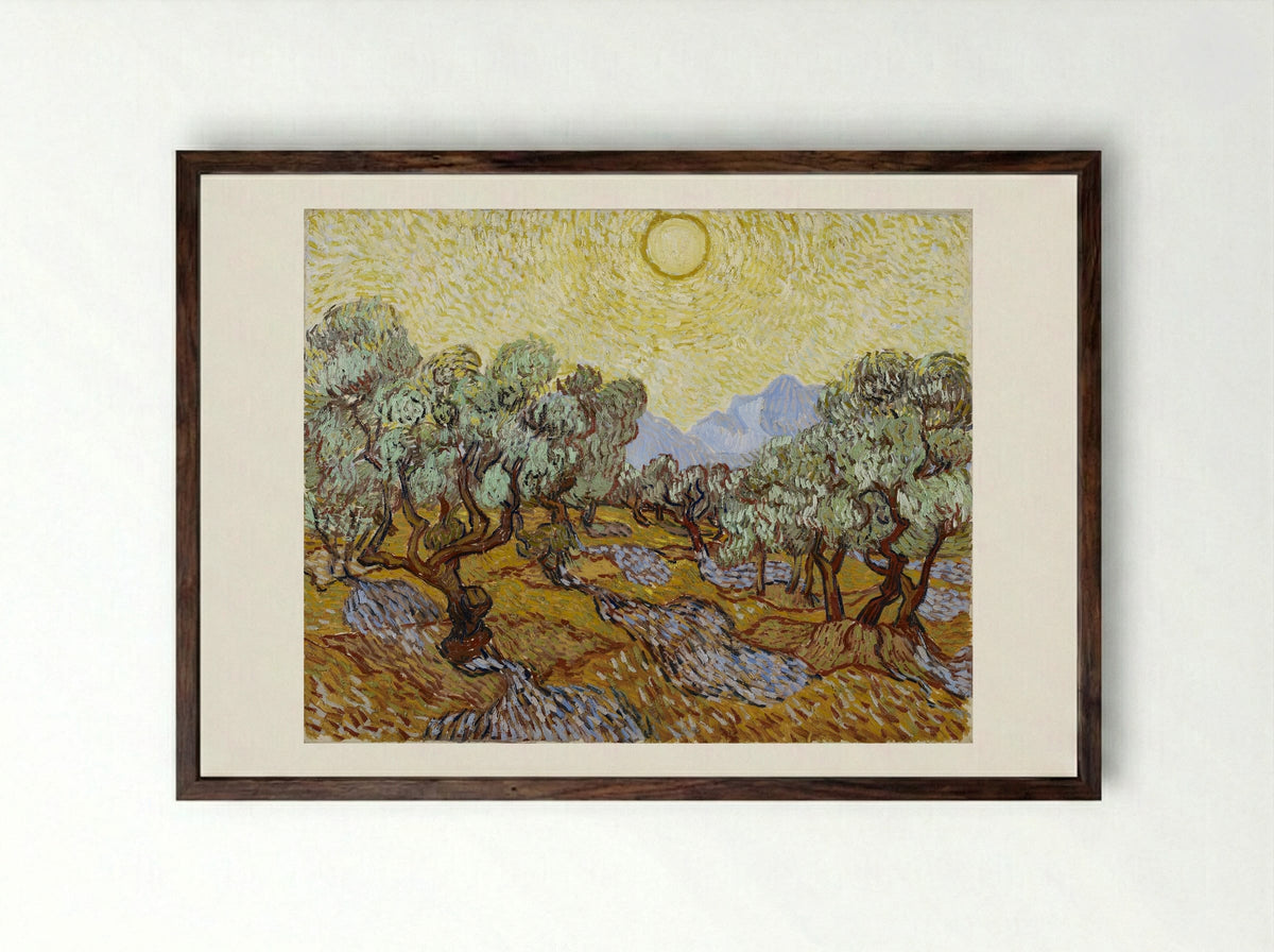 Olive Trees with Yellow Sky and Sun - Vincent van Gogh - Framed Print Dark Wood