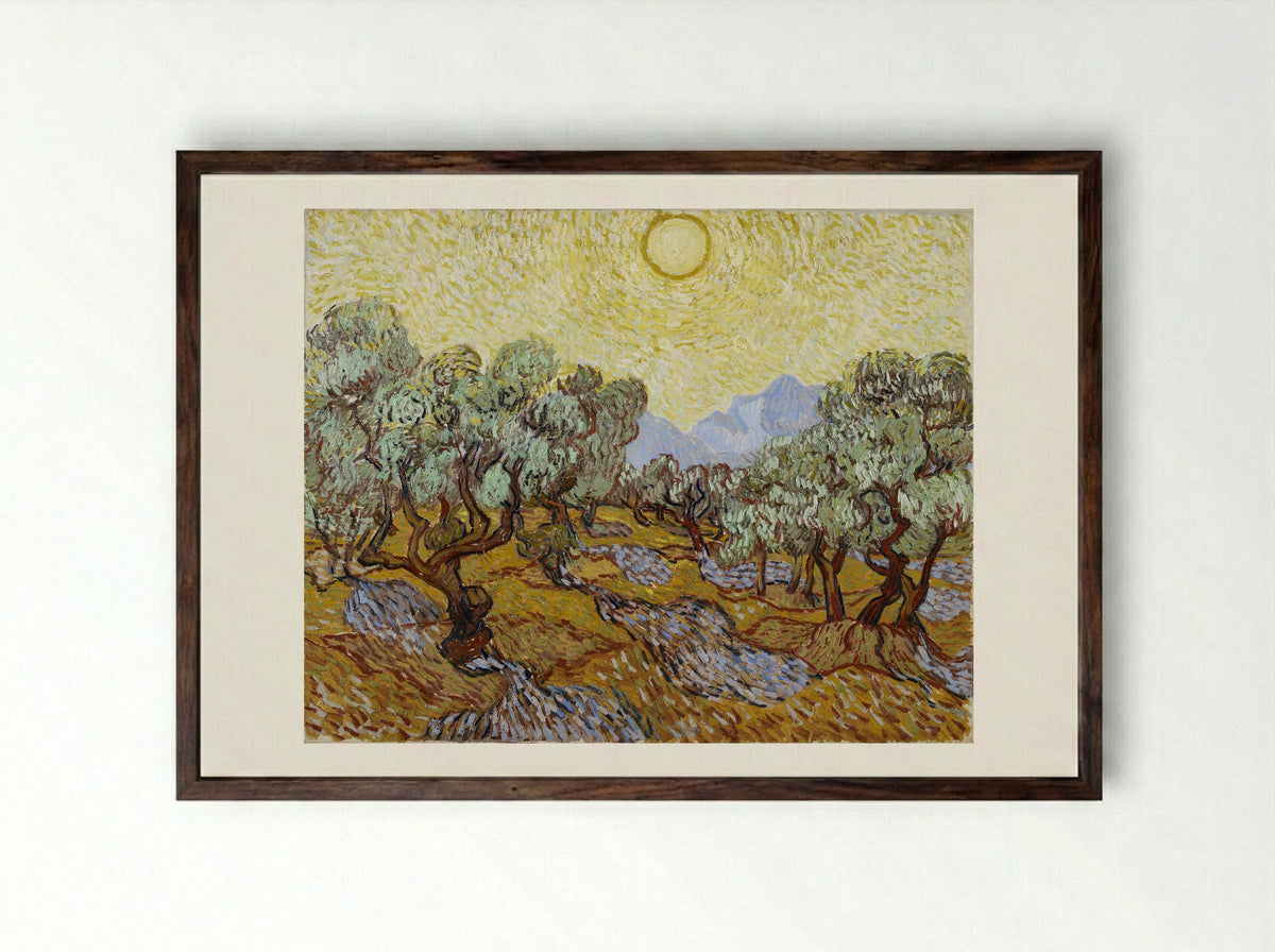 Olive Trees with Yellow Sky and Sun - Vincent van Gogh - Framed Print Dark Wood