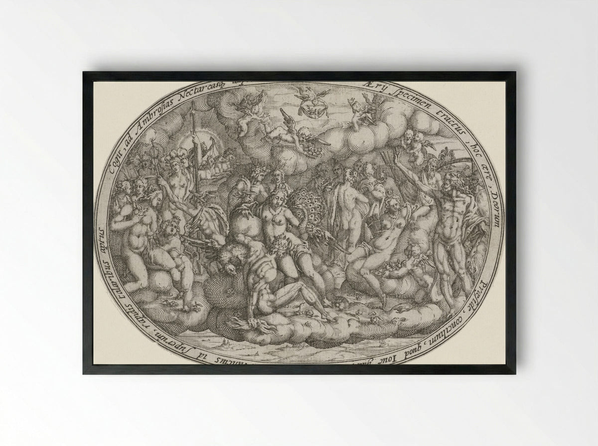 Olympian Gods Among the Clouds: The Element of Air - Abraham van den Hecken - Framed Print Black
