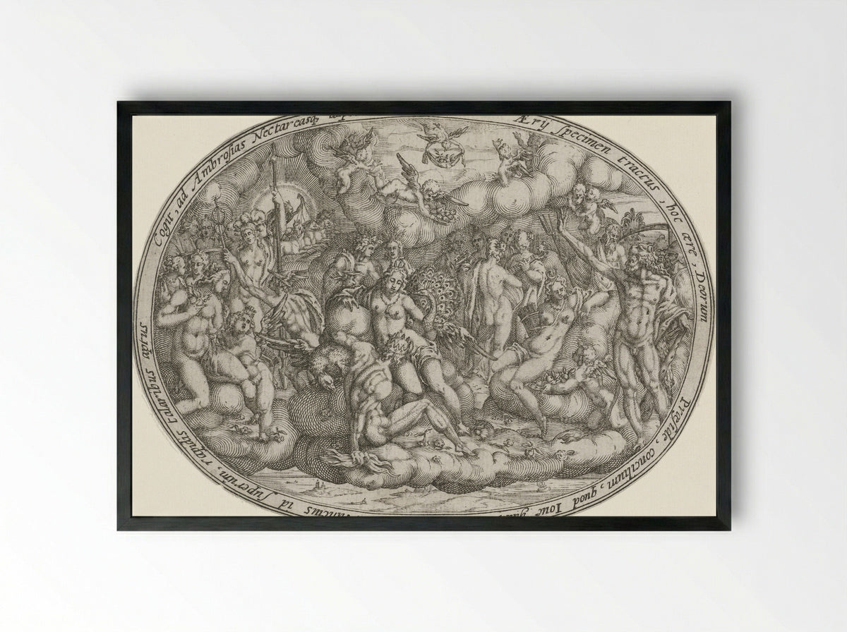 Olympian Gods Among the Clouds: The Element of Air - Abraham van den Hecken - Framed Print Black