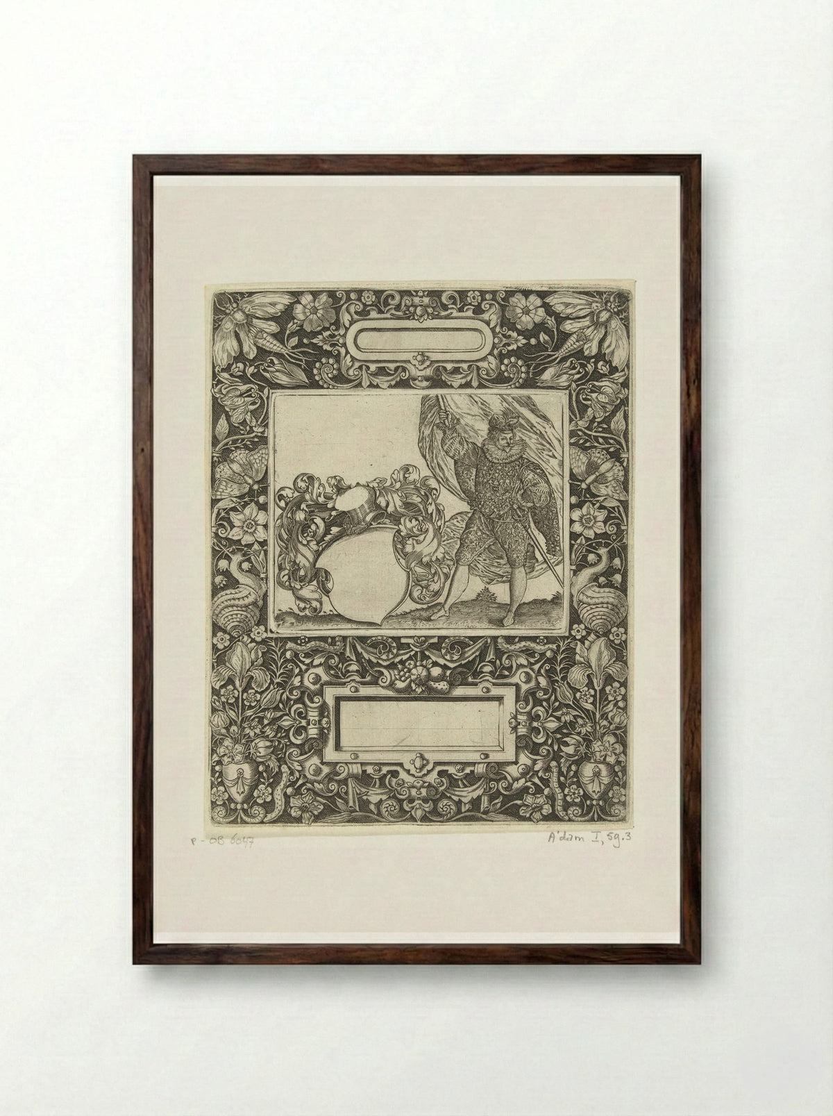 Omlijsting met een langwerpige cartouche met ronde zijkanten middenboven - Theodor de Bry - Framed Print Dark Wood