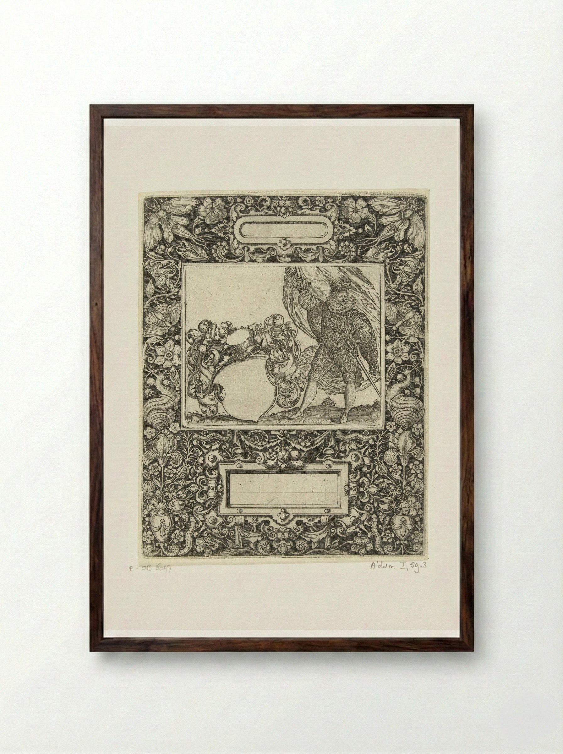Omlijsting met een langwerpige cartouche met ronde zijkanten middenboven - Theodor de Bry - Framed Print Dark Wood