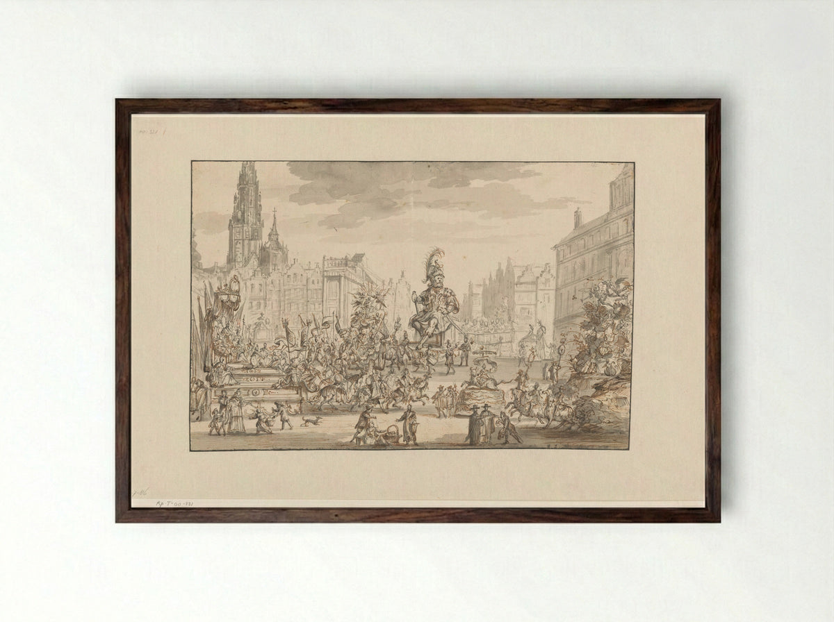 Ommegang op de Meirplaats te Antwerpen - Gonzales van Heylen - Framed Print Dark Wood