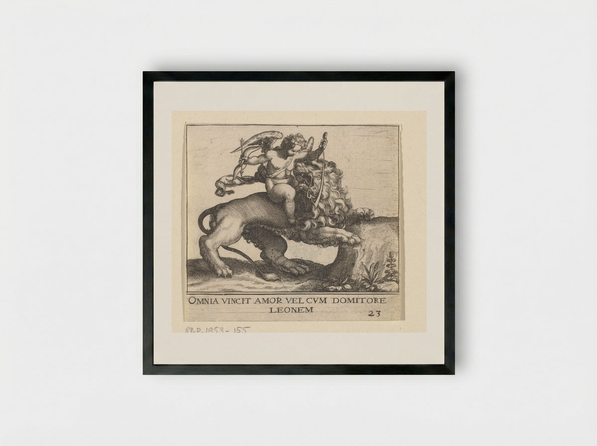 Omnia Vincit Amor (Cupid Taming a Lion) - Johann Theodor de Bry - Framed Print Black
