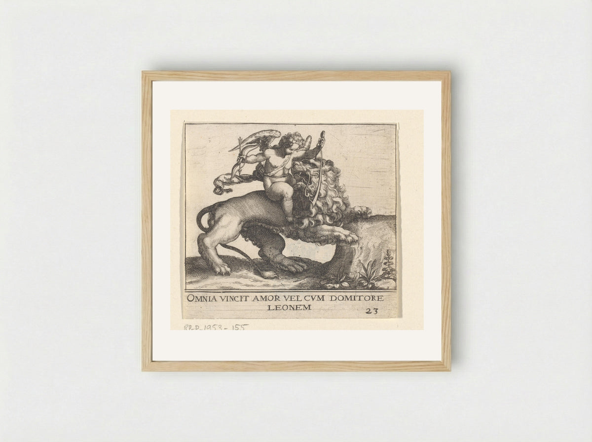 Omnia Vincit Amor (Cupid Taming a Lion) - Johann Theodor de Bry - Framed Print Wood