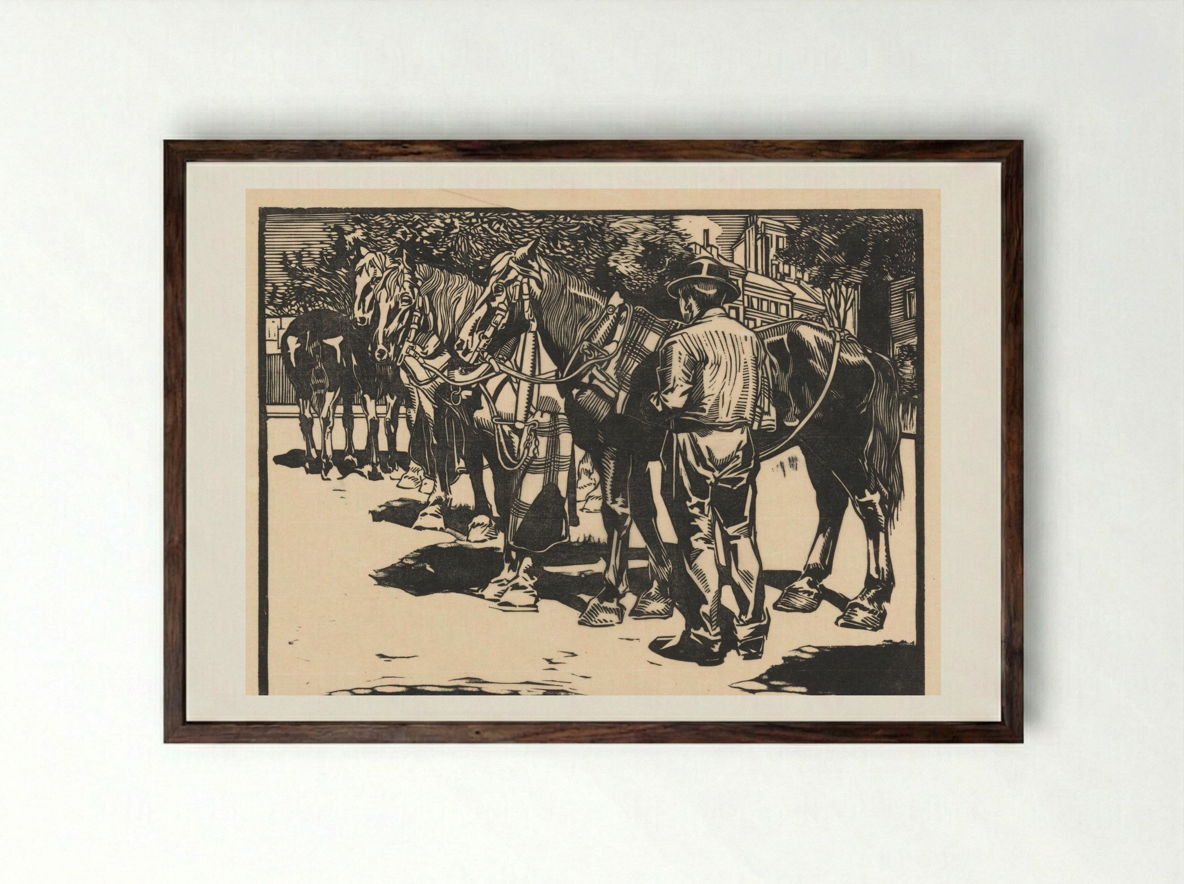 Omnibus-paarden op een plein - Johannes Josephus Aarts - Framed Print Dark Wood