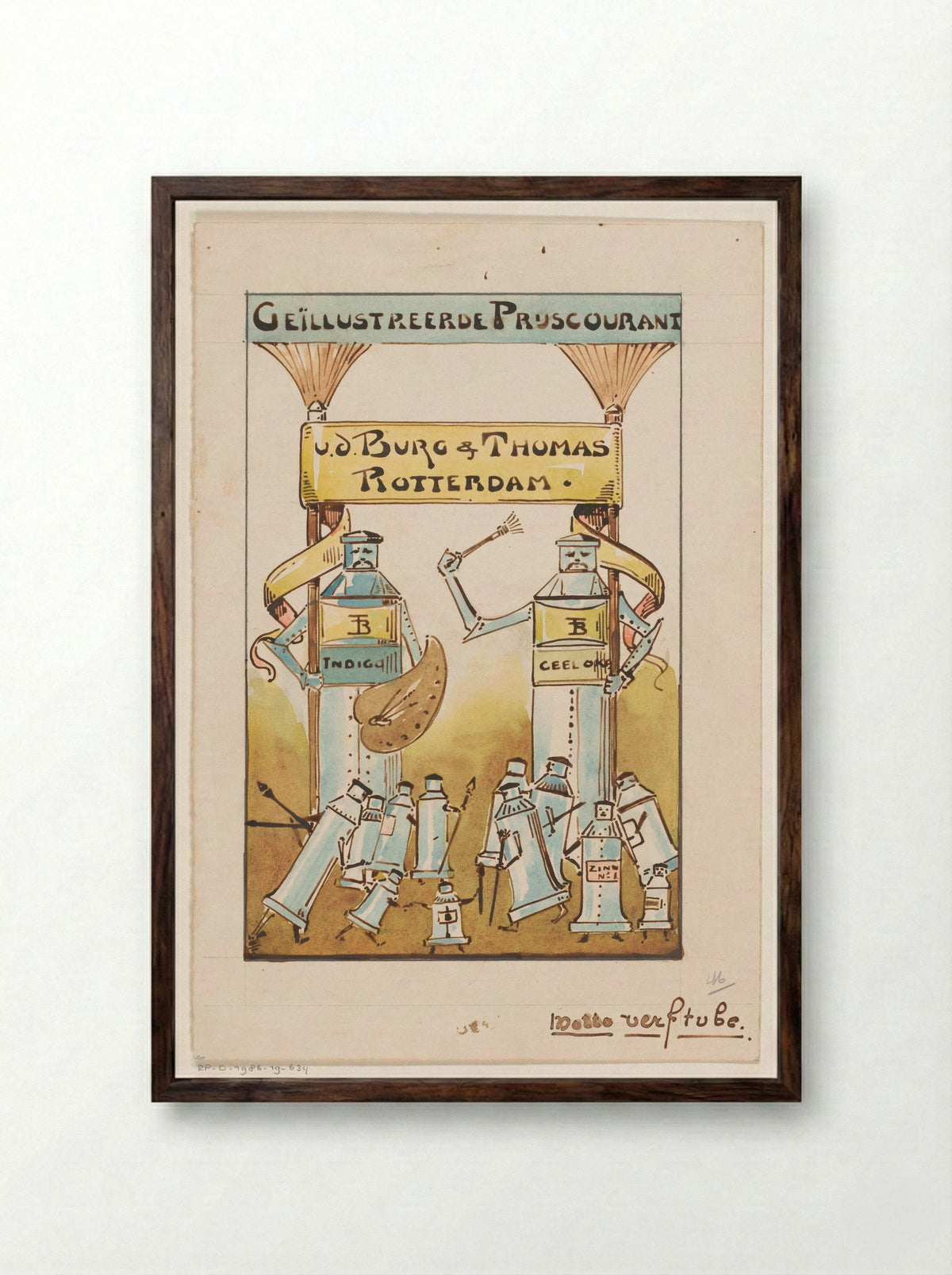 Omslagontwerp voor: Geïllustreerde prijscourant v.d. Burg & Thomas te Rotterdam - Reinier Willem Petrus de Vries - Framed Print Dark Wood