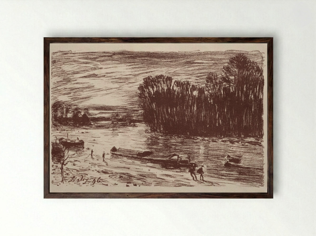 On the Banks of the Loing - Alfred Sisley - Framed Print Dark Wood