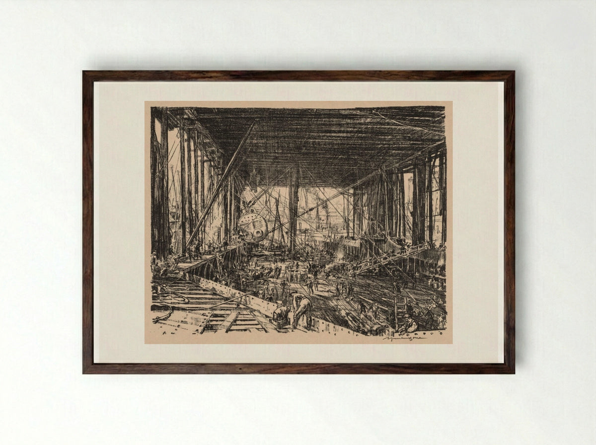 On the Clyde, 1917-1918: The Floor of the Train Ferry - Muirhead Bone - Framed Print Dark Wood