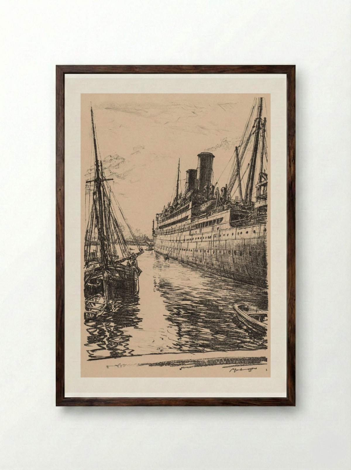 On the Clyde, 1917-1918: The Tuscania at Glasgow - Muirhead Bone - Framed Print Dark Wood