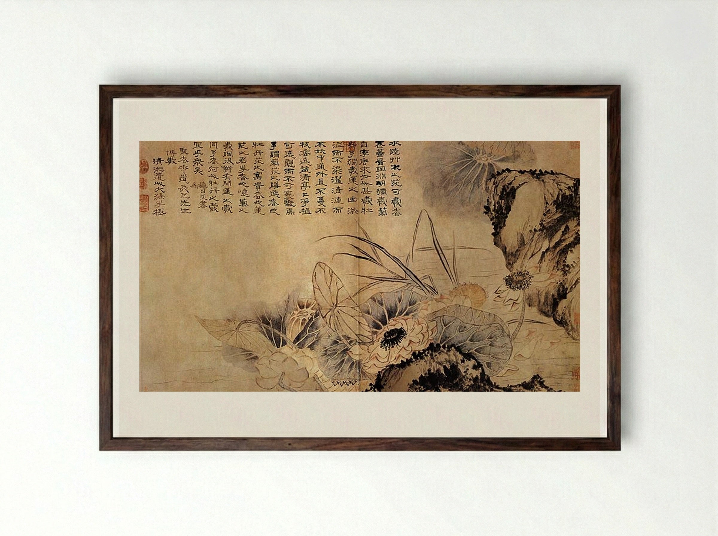 On the Lotus Pond - Shitao - Framed Print Dark Wood