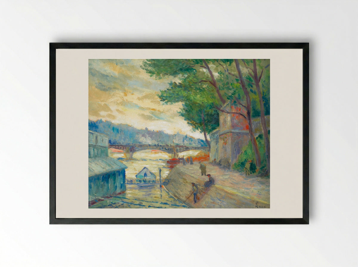 On the banks of the Seine - Maximilien Luce - Framed Print Black