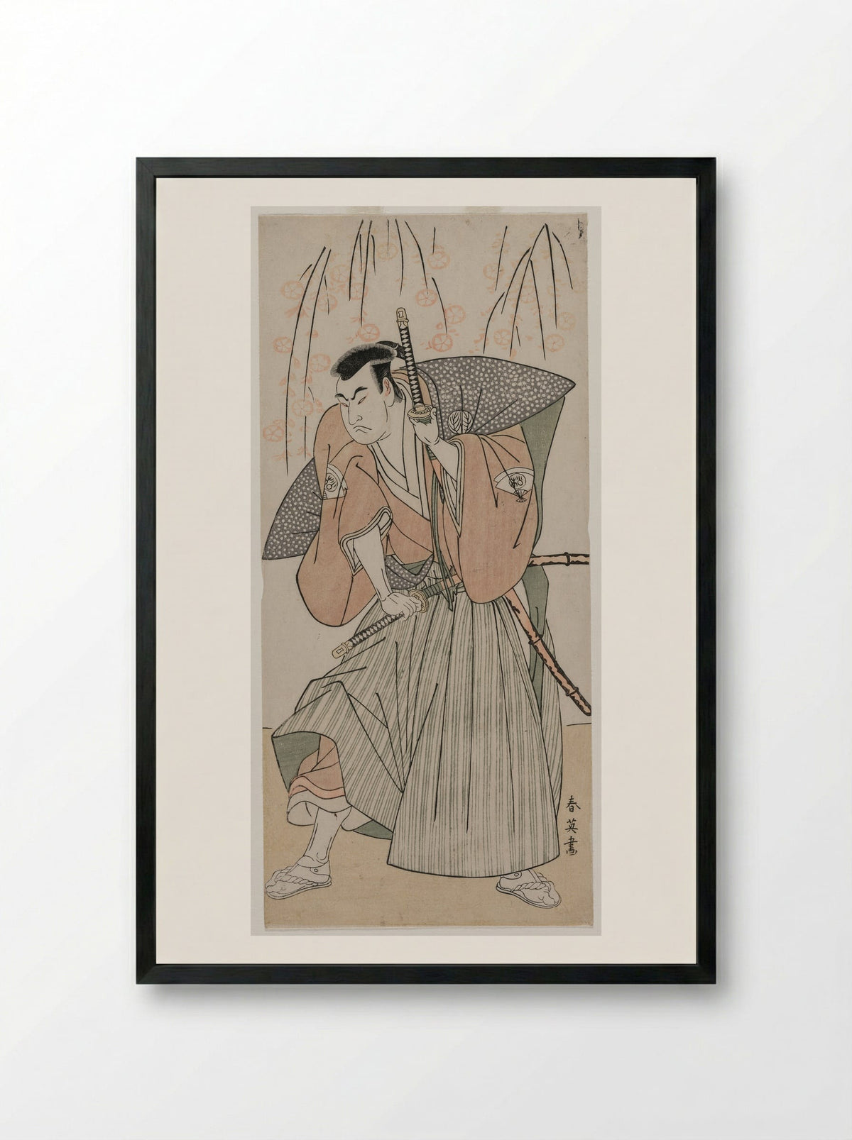 Onoe Matsusuke I as a Samurai Standing Beneath a Cherry Tree - Katsukawa Shunei - Framed Print Black