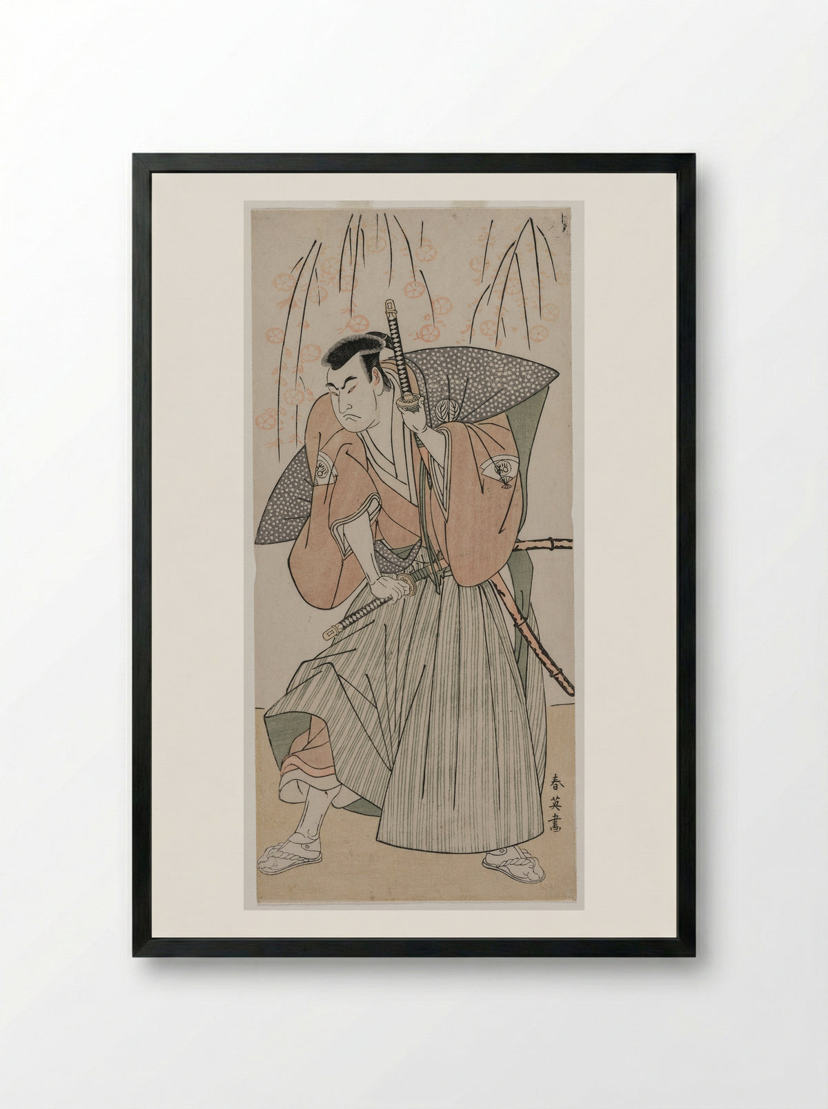 Onoe Matsusuke I as a Samurai Standing Beneath a Cherry Tree - Katsukawa Shunei - Framed Print Black