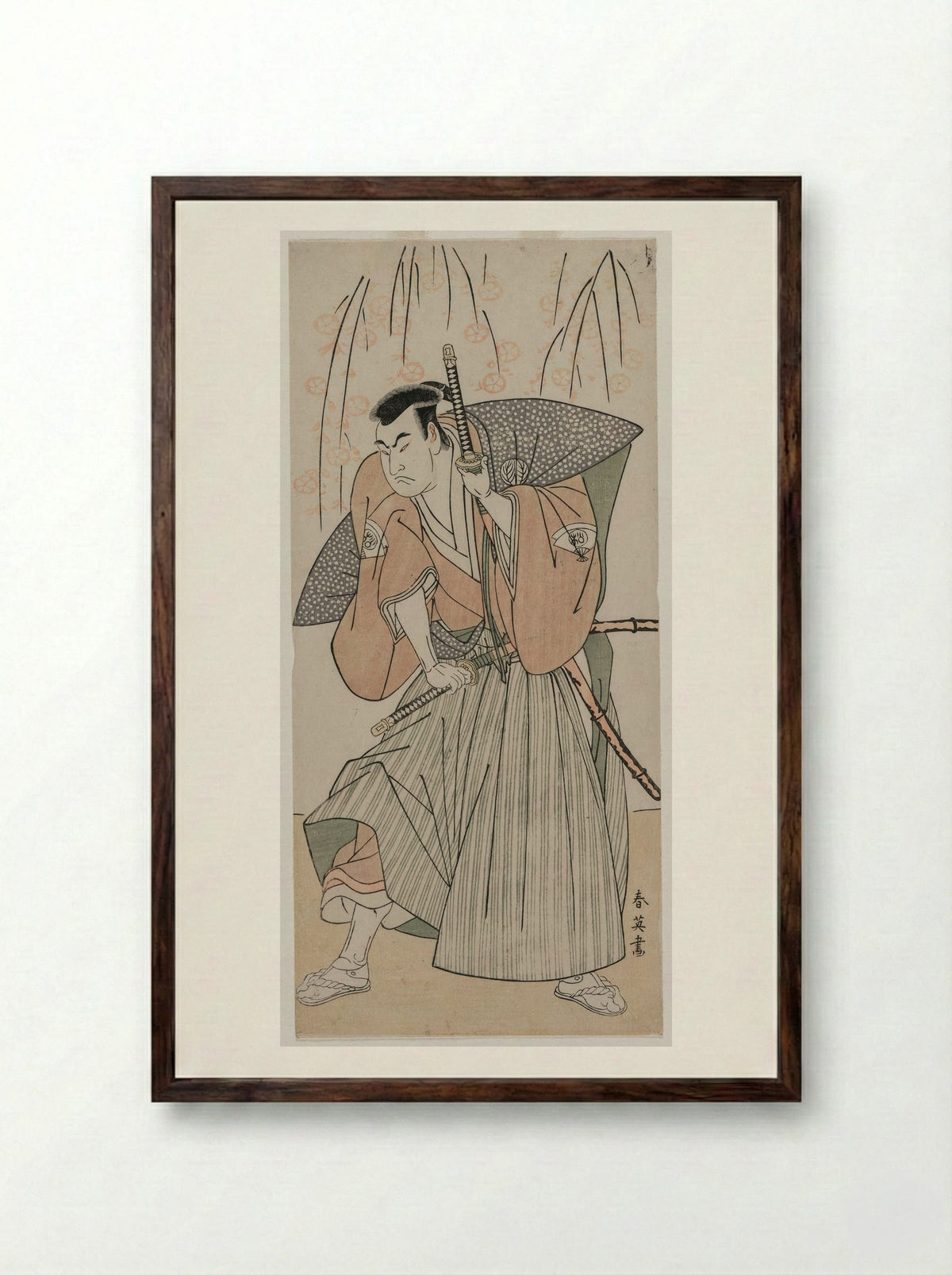 Onoe Matsusuke I as a Samurai Standing Beneath a Cherry Tree - Katsukawa Shunei - Framed Print Dark Wood