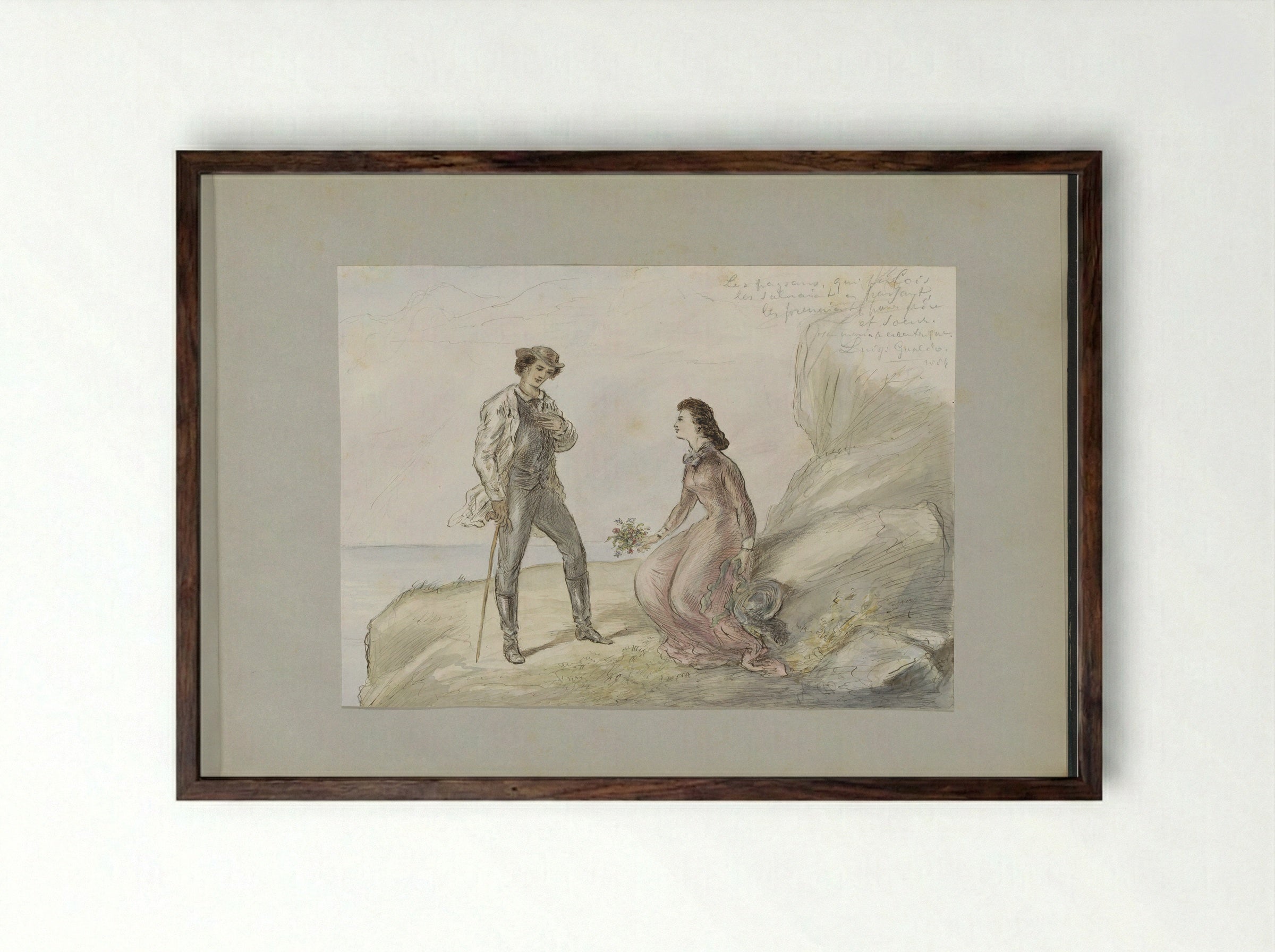 Ontmoeting van twee geliefden bij een rots - Alexander Ver Huell - Framed Print Dark Wood