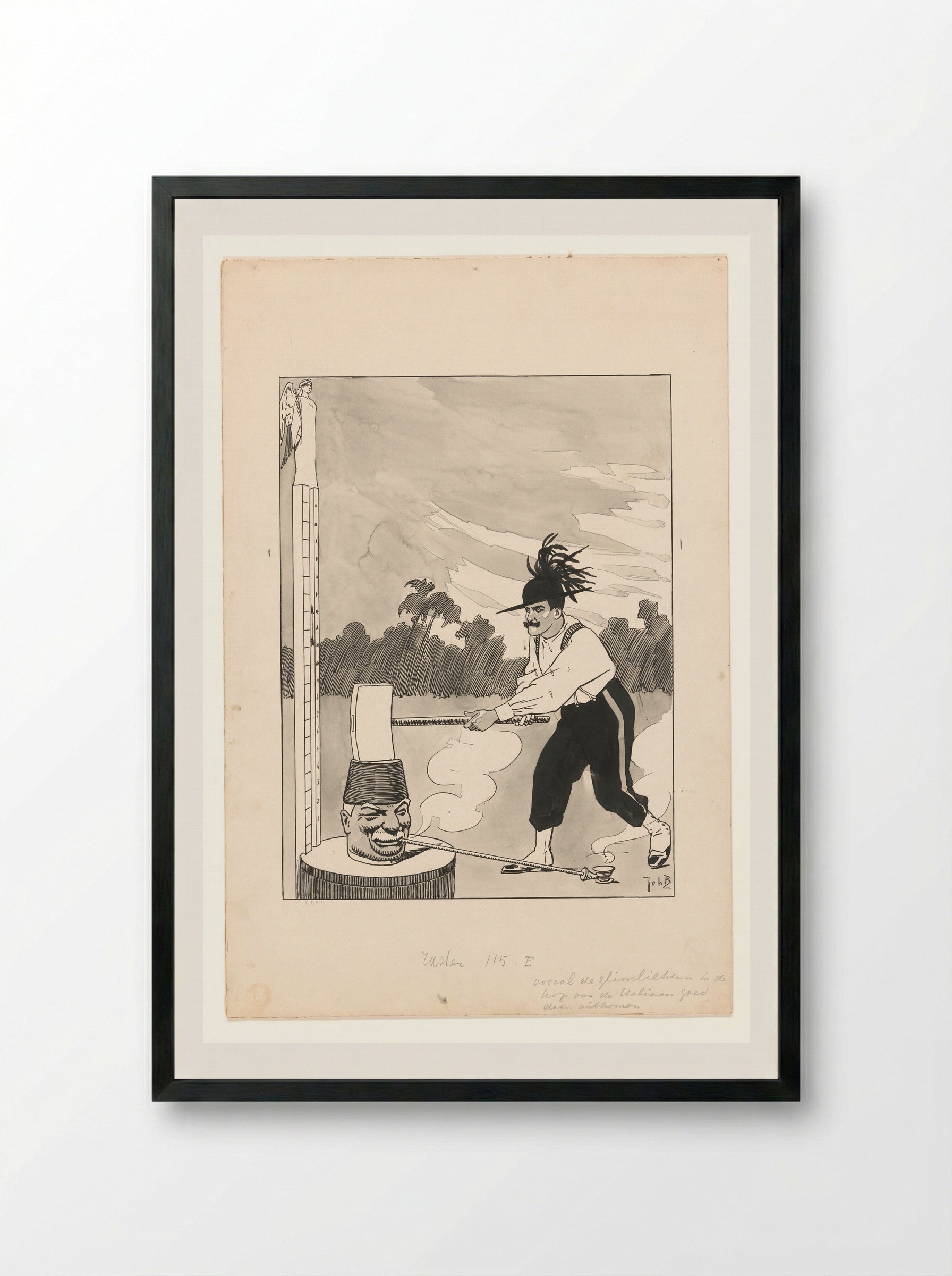 Ontwerp voor illustratie in De Amsterdammer: Een Italiaan slaat op de Kop van Jut - Johan Braakensiek - Framed Print Black