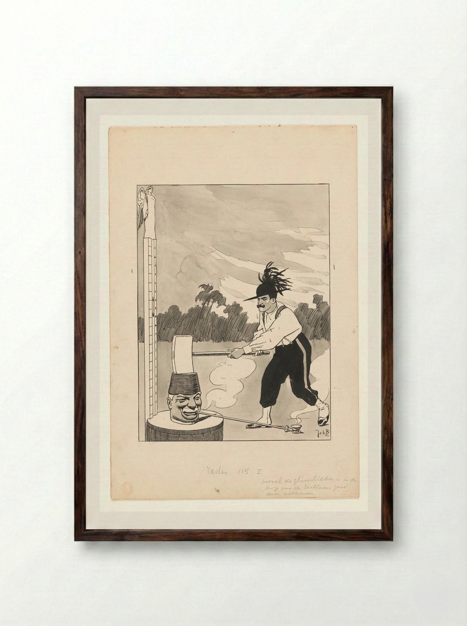 Ontwerp voor illustratie in De Amsterdammer: Een Italiaan slaat op de Kop van Jut - Johan Braakensiek - Framed Print Dark Wood