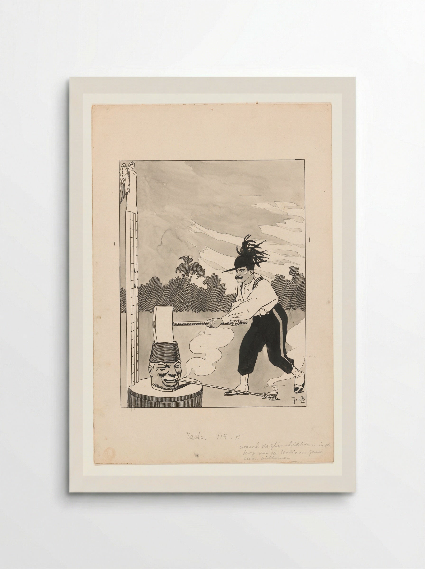 Ontwerp voor illustratie in De Amsterdammer: Een Italiaan slaat op de Kop van Jut - Johan Braakensiek - Poster