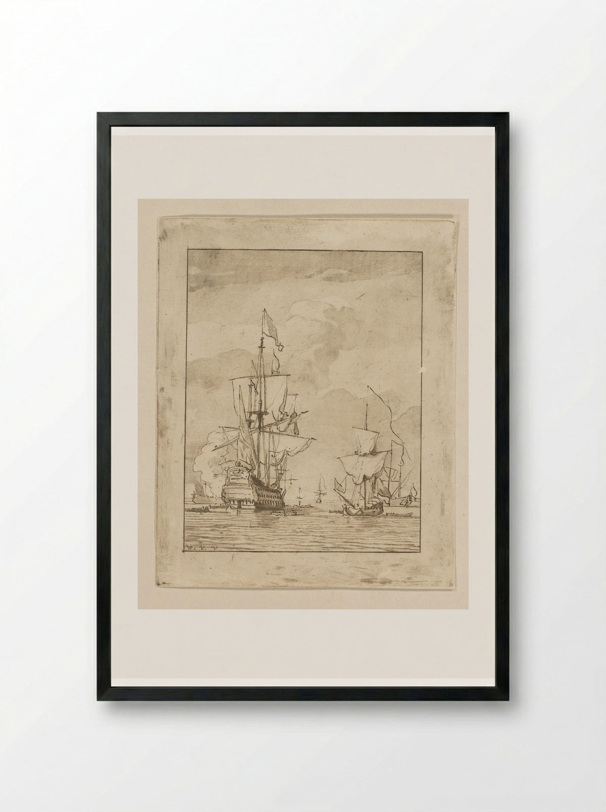 Oorlogsschip een schot lossend - Cornelis Ploos van Amstel - Framed Print Black