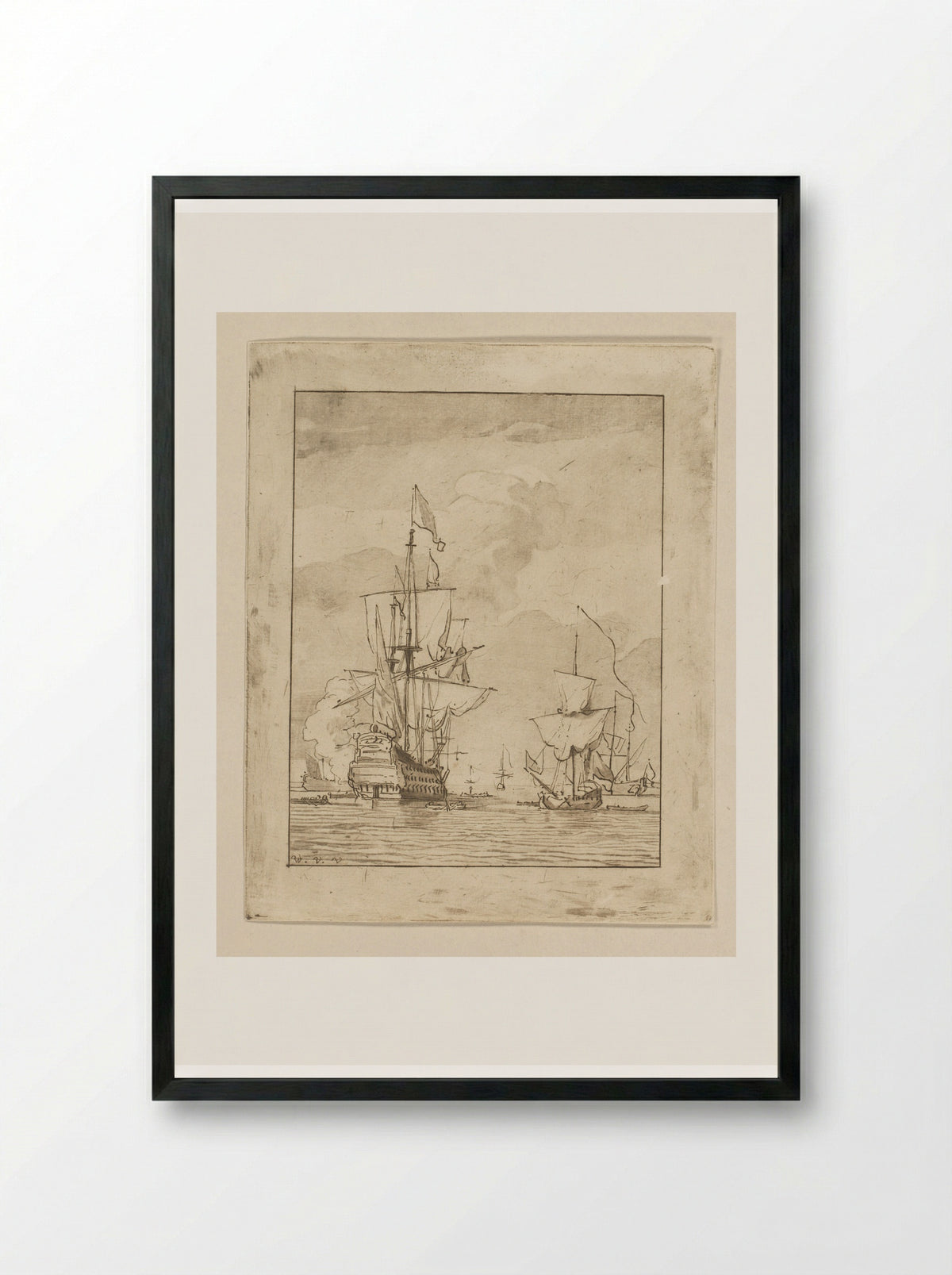 Oorlogsschip een schot lossend - Cornelis Ploos van Amstel - Framed Print Black
