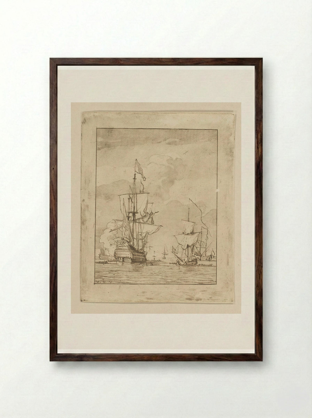 Oorlogsschip een schot lossend - Cornelis Ploos van Amstel - Framed Print Dark Wood