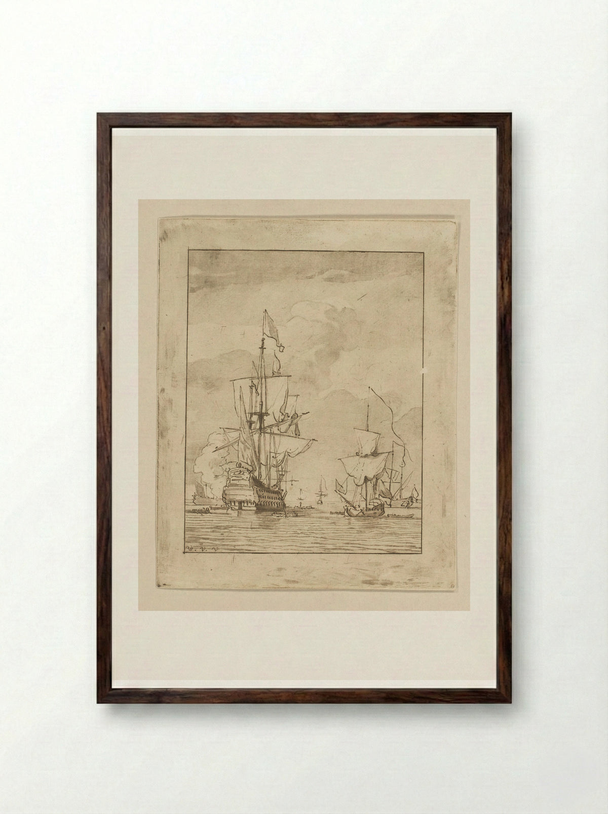 Oorlogsschip een schot lossend - Cornelis Ploos van Amstel - Framed Print Dark Wood