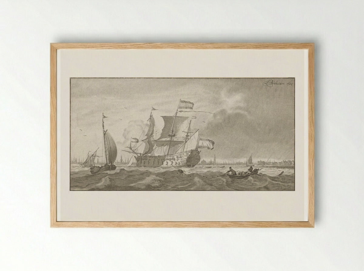 Oorlogsschip op het IJ - Cornelis Ploos van Amstel - Framed Print Wood