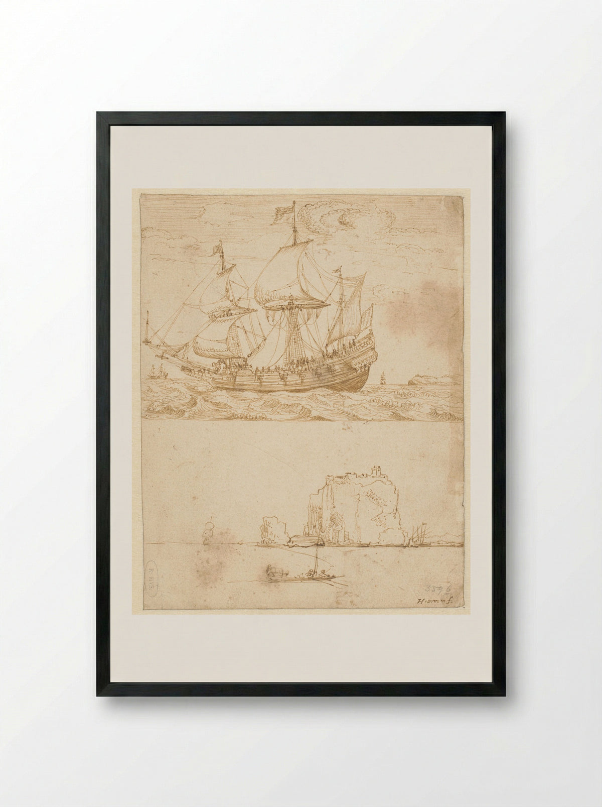 Oost-Indiëvaarder en zeegezicht met rots - Hendrik Cornelisz. Vroom - Framed Print Black