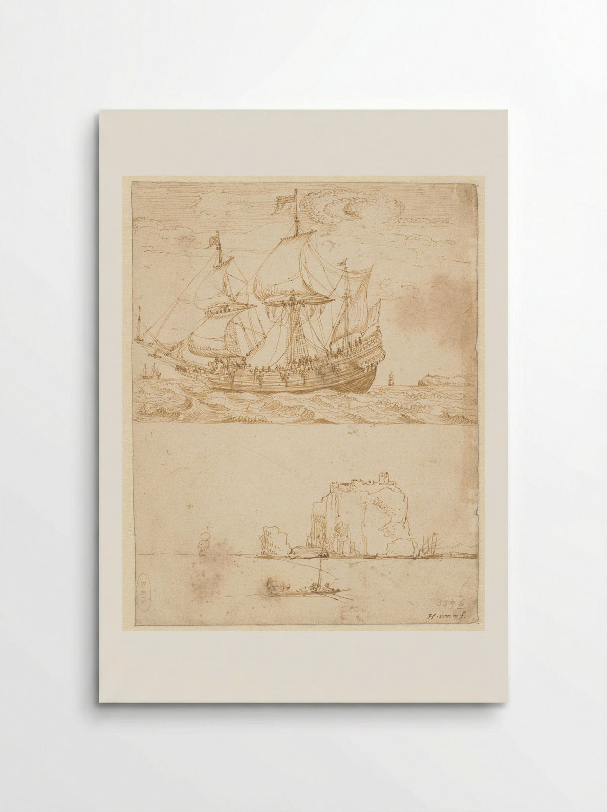 Oost-Indiëvaarder en zeegezicht met rots - Hendrik Cornelisz. Vroom - Poster