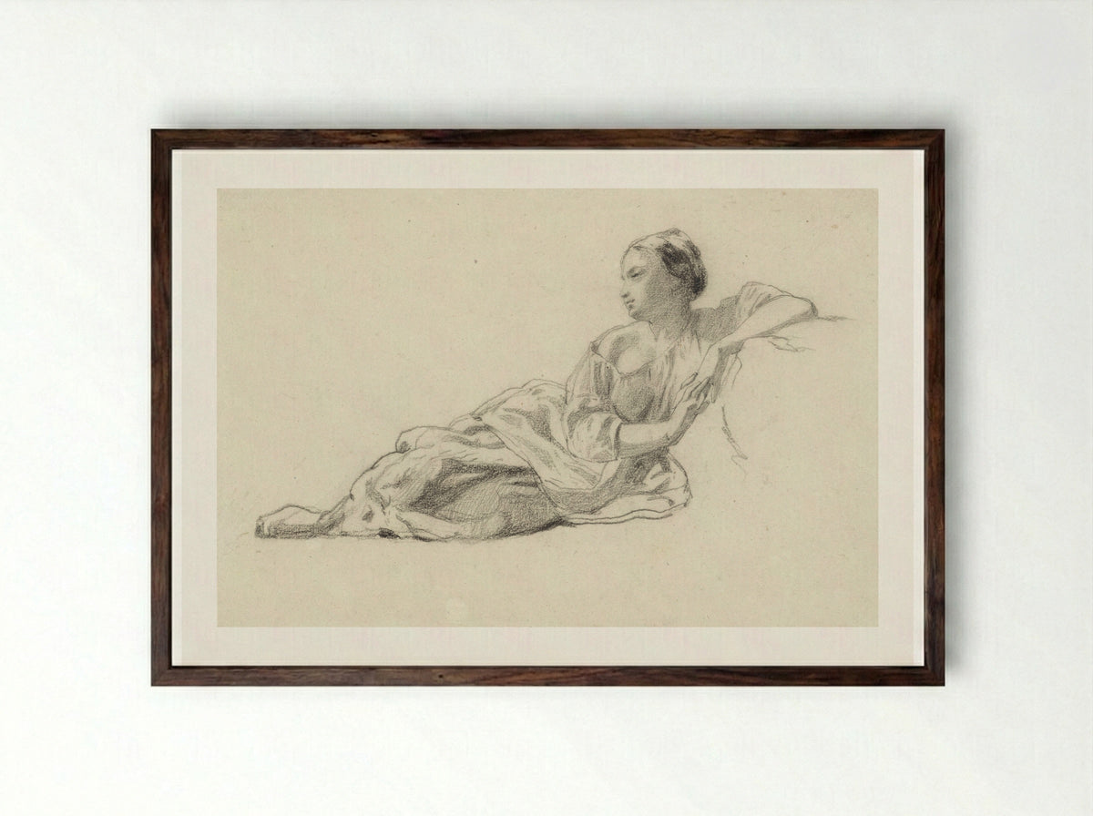 Op de grond zittende jonge vrouw - Johan Daniël Koelman - Framed Print Dark Wood