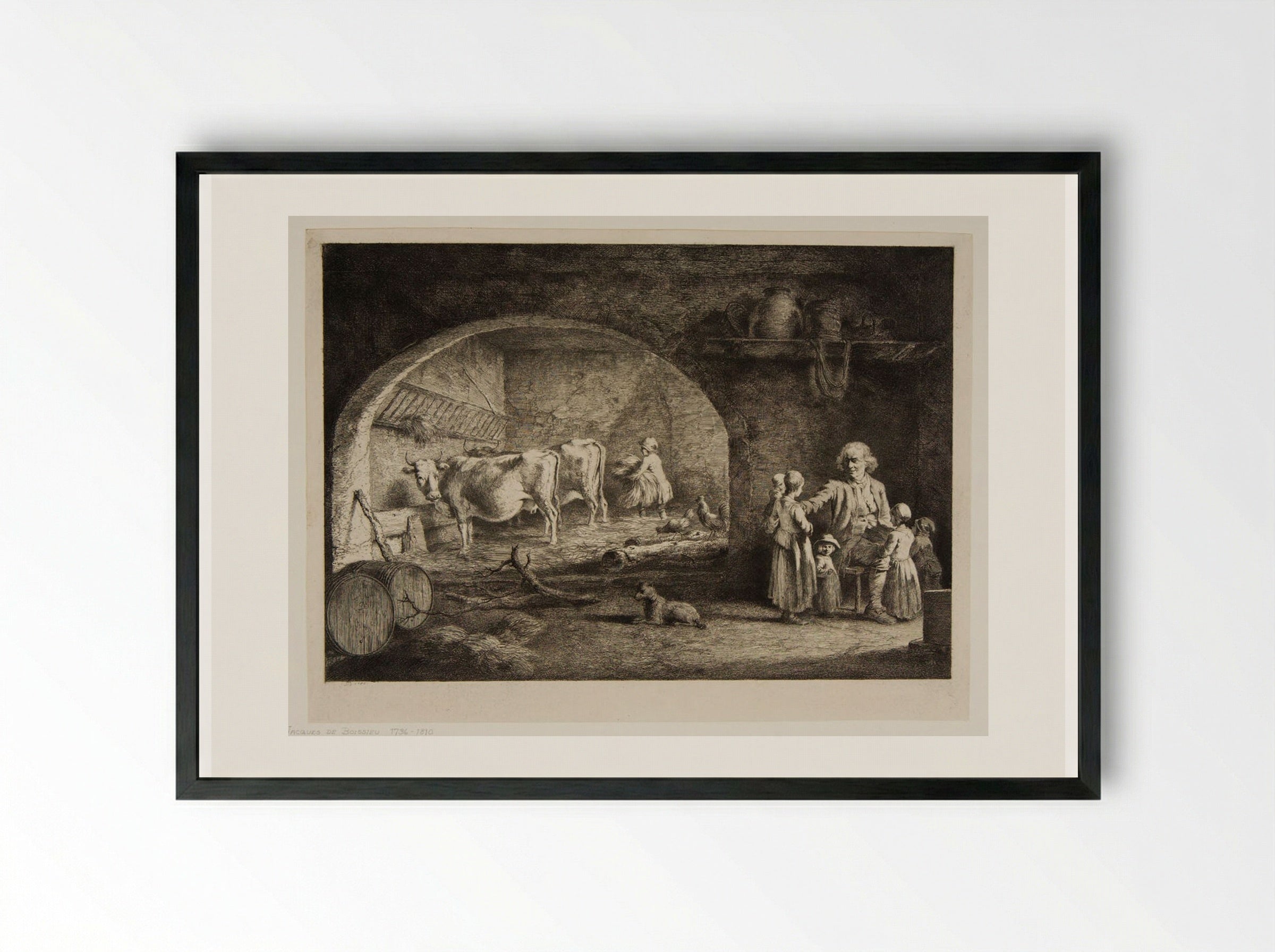 Open Vaulted Cow-House with Two Cows - Jean-Jacques de Boissieu - Framed Print Black
