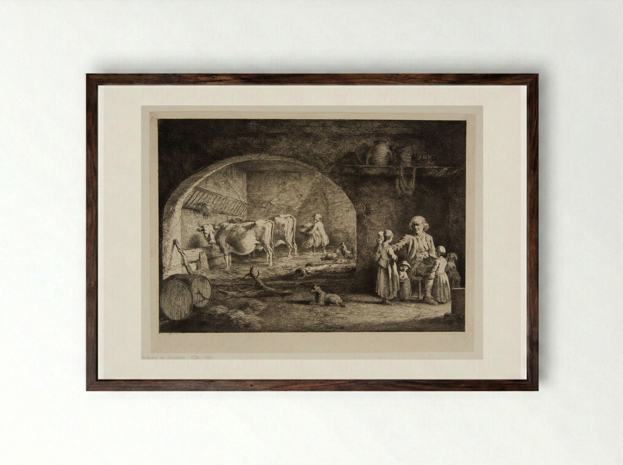 Open Vaulted Cow-House with Two Cows - Jean-Jacques de Boissieu - Framed Print Dark Wood