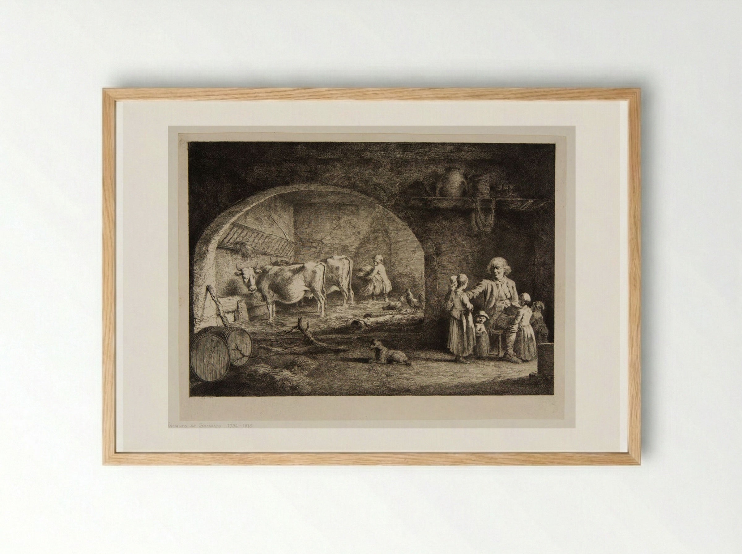Open Vaulted Cow-House with Two Cows - Jean-Jacques de Boissieu - Framed Print Wood