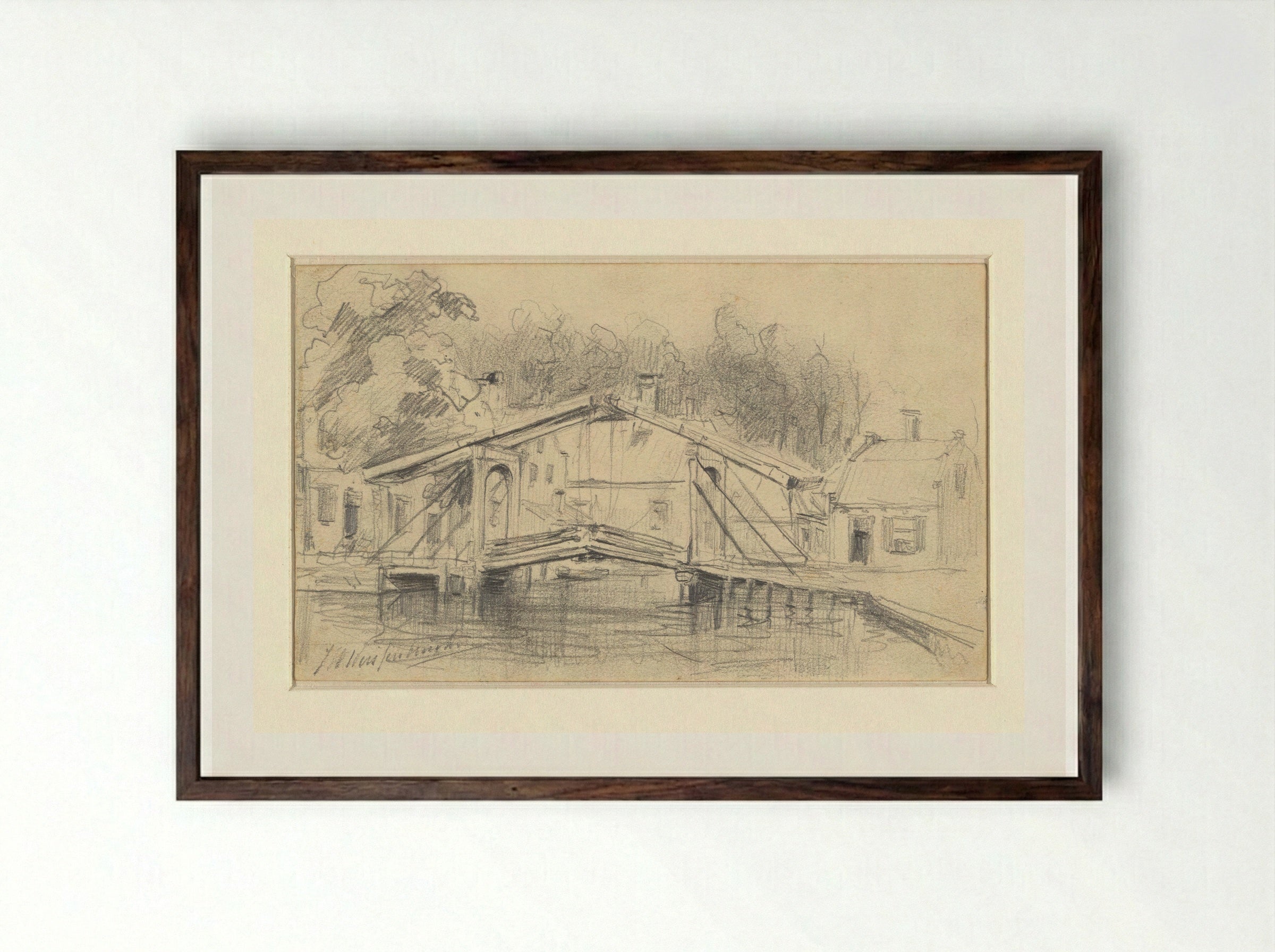 Ophaalbruggetje in een dorp - Johan Hendrik Weissenbruch - Framed Print Dark Wood