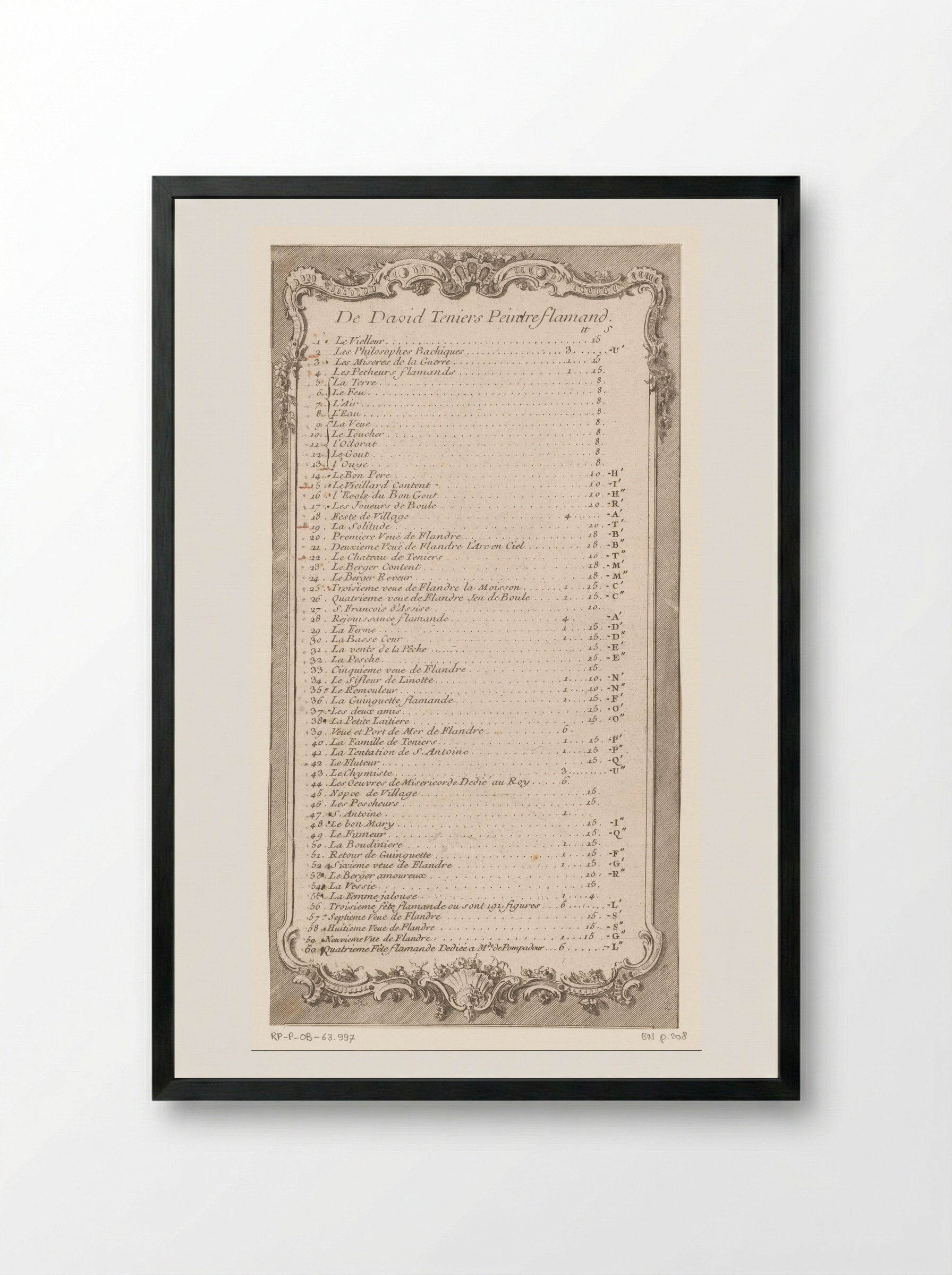 Opsomming van prenten naar Teniers in een ornamentele lijst - Jacques-Philippe Le Bas - Framed Print Black