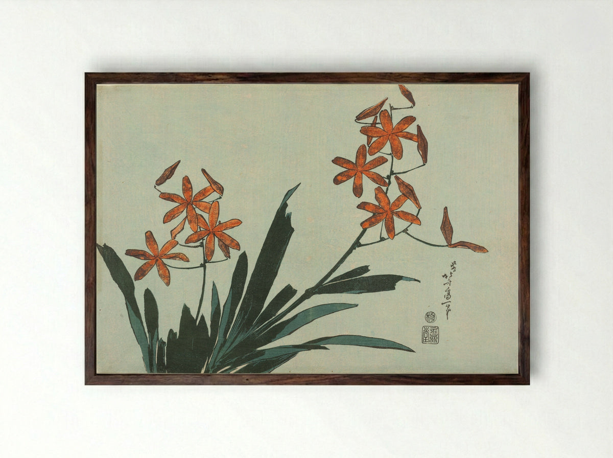 Orange Orchids - Katsushika Hokusai - Framed Print Dark Wood