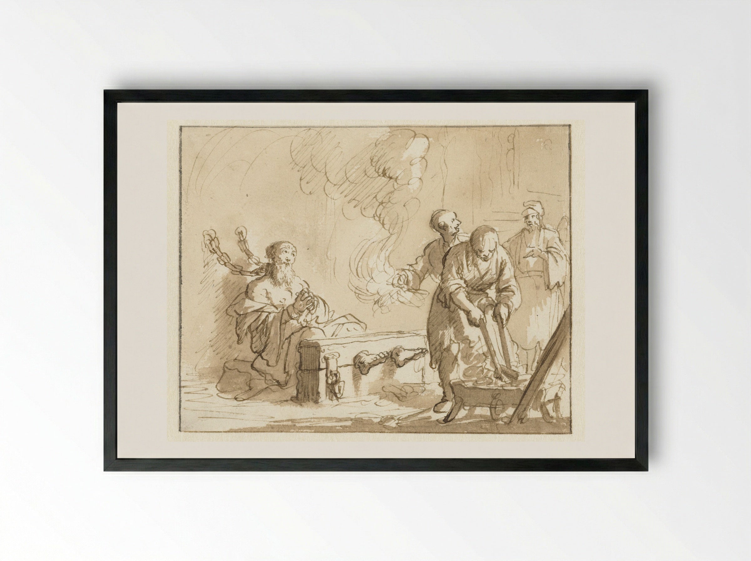 Origenes in de gevangenis met vuur gemarteld - Jan Luyken - Framed Print Black